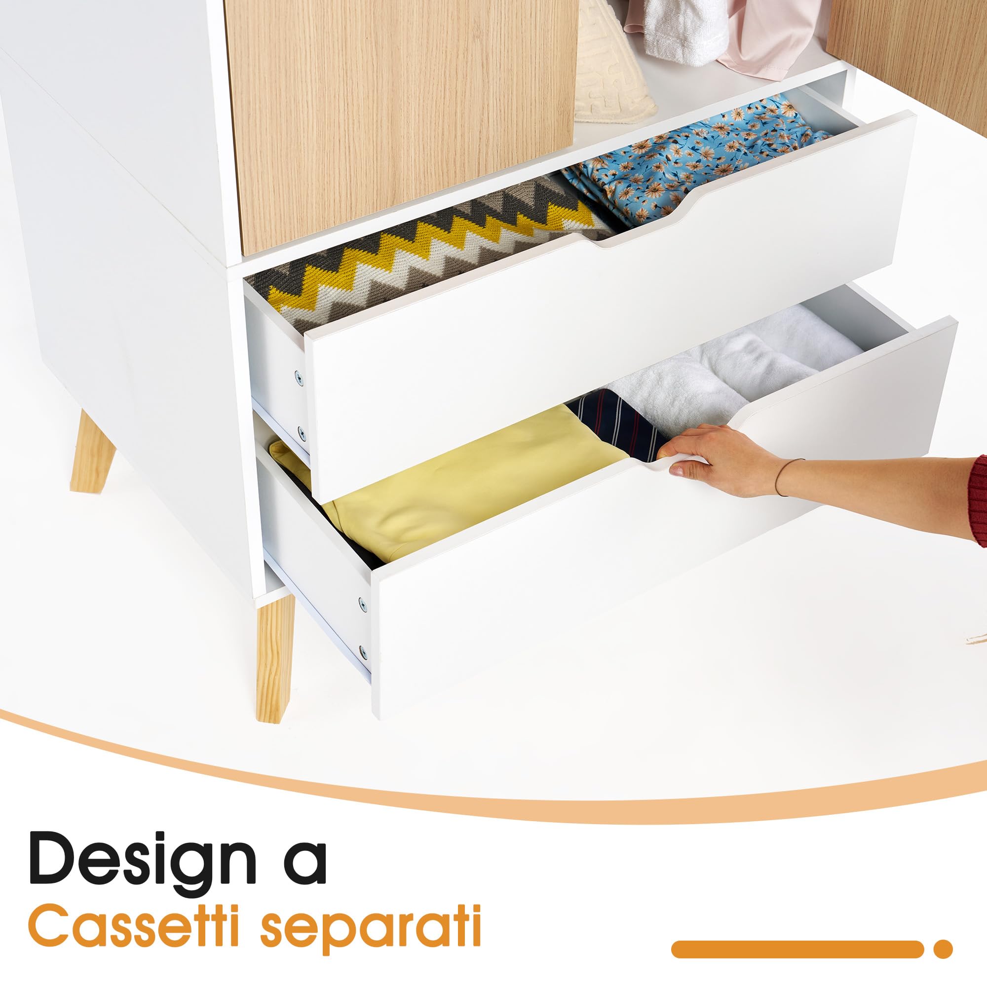 LUXOAK Armario Ropero para Dormitorio con 2 Puertas y 2 Cajones, Blanco y Efecto Madera, con Barra para Colgar, 198 x 76 x 50 cm