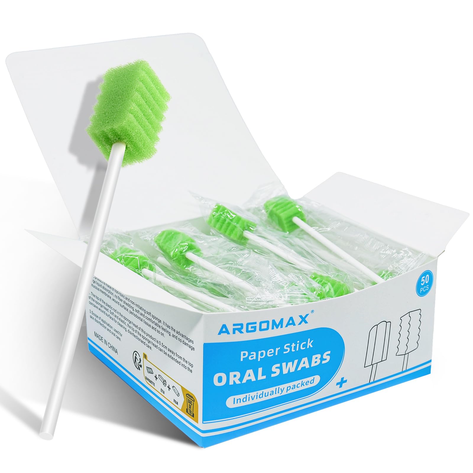 ARGOMAX - Tamponi orali usa e getta, tamponi in spugna dentale sterili non aromatizzati per la pulizia della bocca e delle gengive, forma a dente di sega, verde, 50 pezzi.