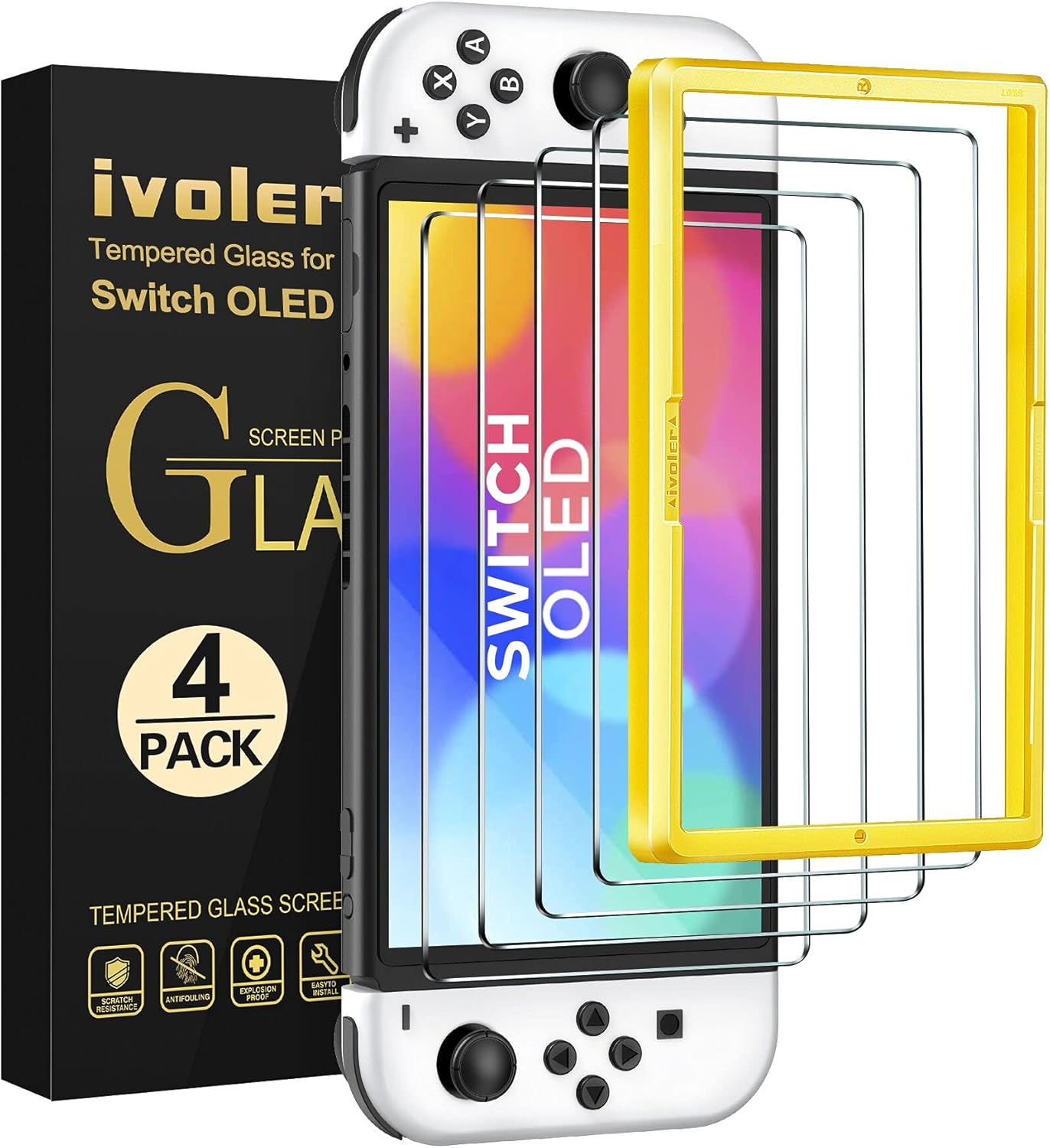 ivoler [4 Pack] Tempered Glass Screen Protector Designed for Nintendo Switch OLED Model 2021 with [Alignment Frame] Transparent HD Clear[Updated Version] Screen Protector for Nintendo Switch OLED 7&amp;#39;&amp;#39