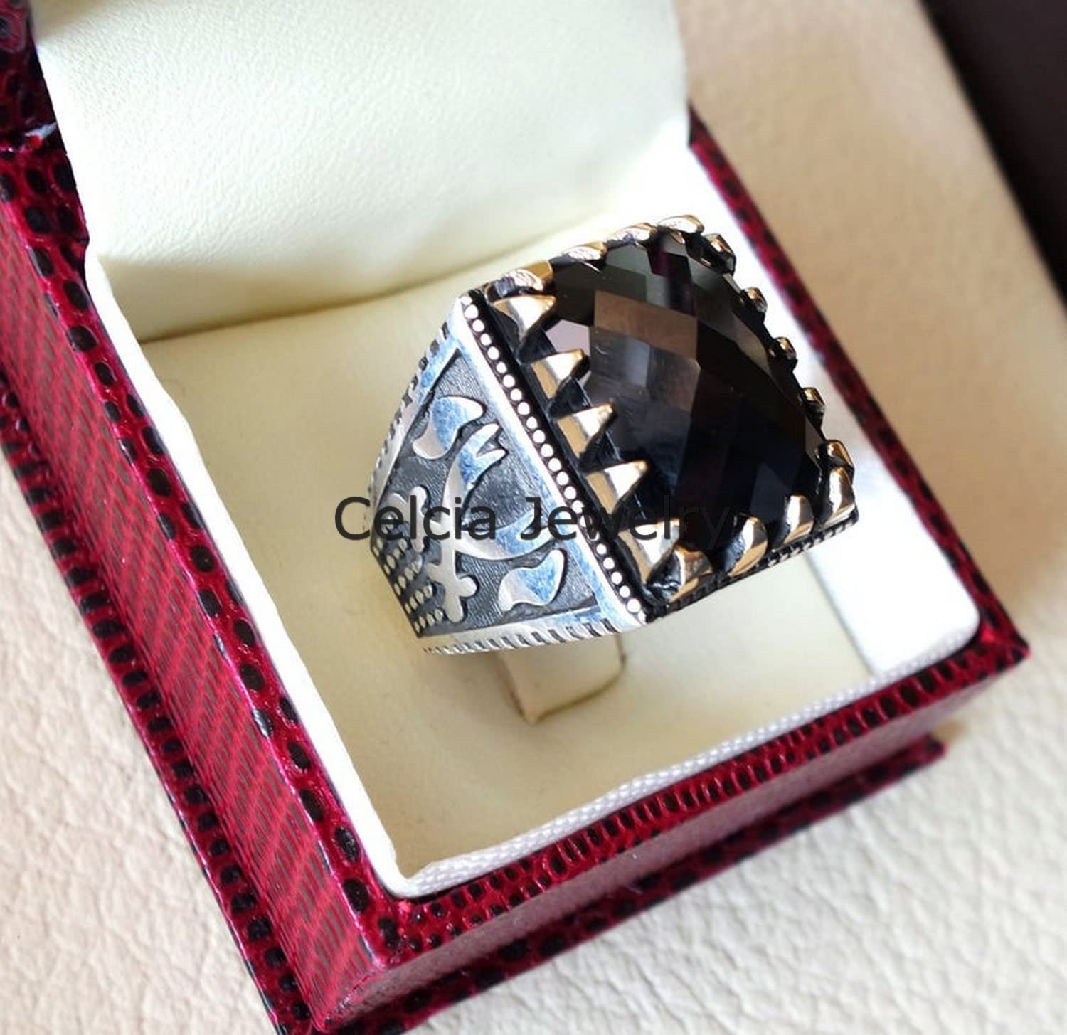 Edelstein-Checker-Ring, Siegelring für Herren, Statement-Ring, Verlobungsgeschenke, silberner Emaille-Ring, bester Februar-Geburtsstein-Ring