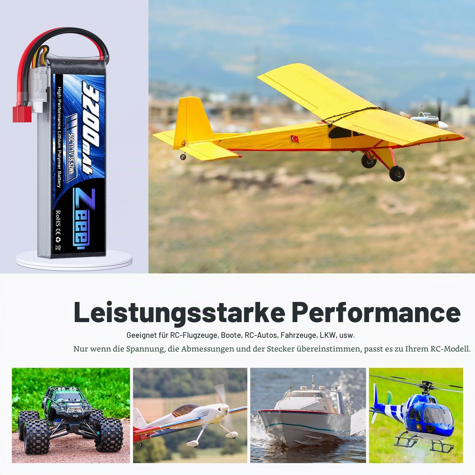 Zeee 3S LiPo Akku 11,1V 50C 3200mAh mit T Stecker(2 Packungen)