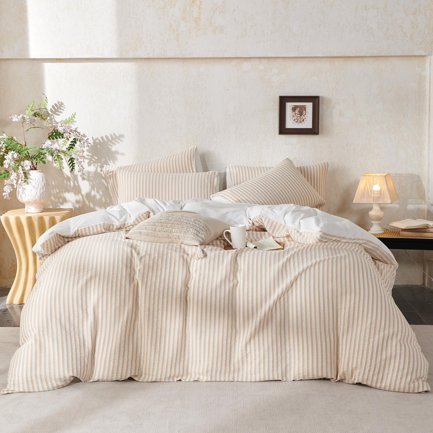 Queen Size Comforter Set Beige Striped 100% Soft Washed Cotton Jacquard 3 Pieces Striped Bedding Sets Beige White Comforter for All Seasons and 2 Pillowcases Comfort Breathable