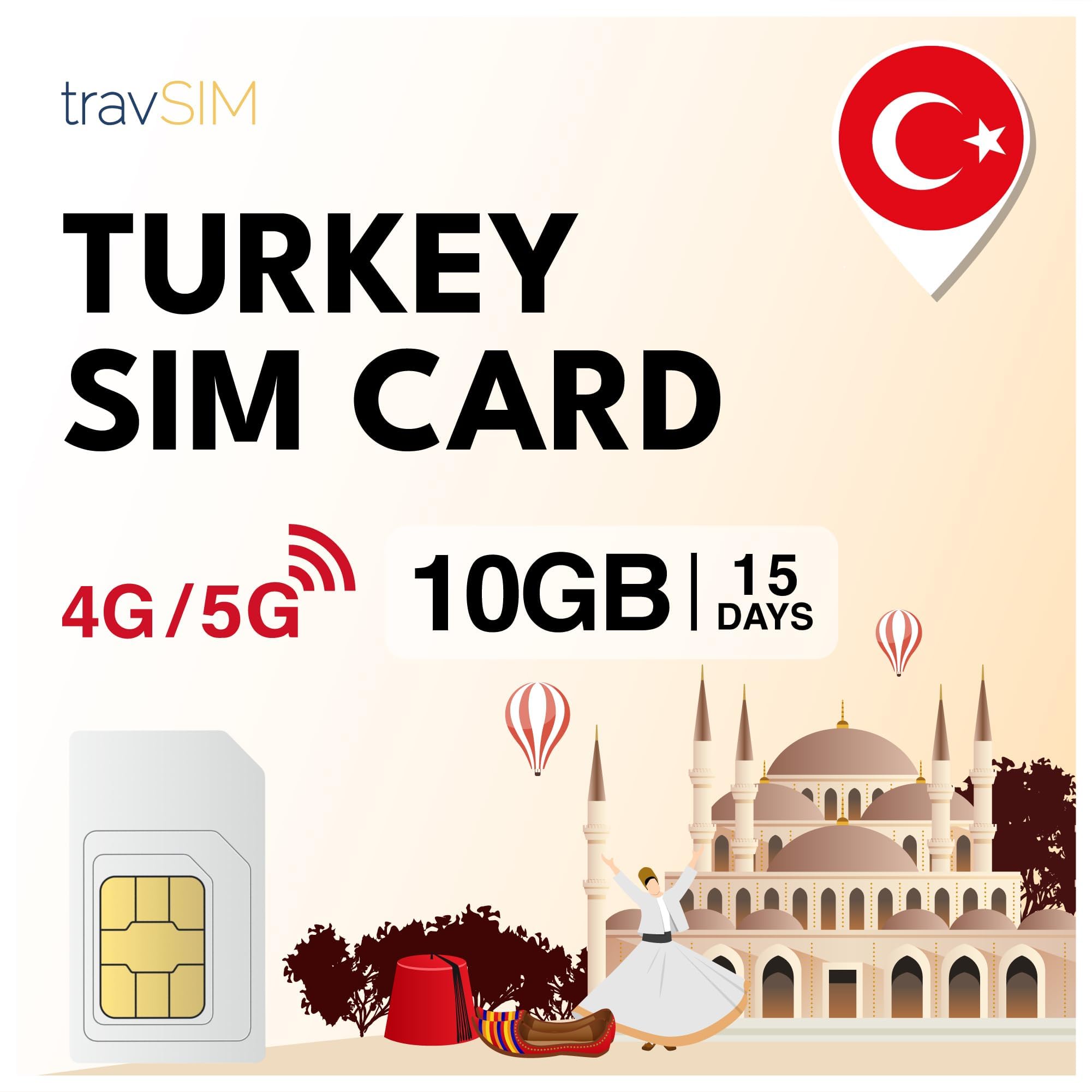 travSIM SIM Turchia | 15 giorni - 10GB di dati | Dati ad alta velocità 5G/4G | Accesso a Internet per Google, Facebook, Whatsapp, Instagram e altro ancora