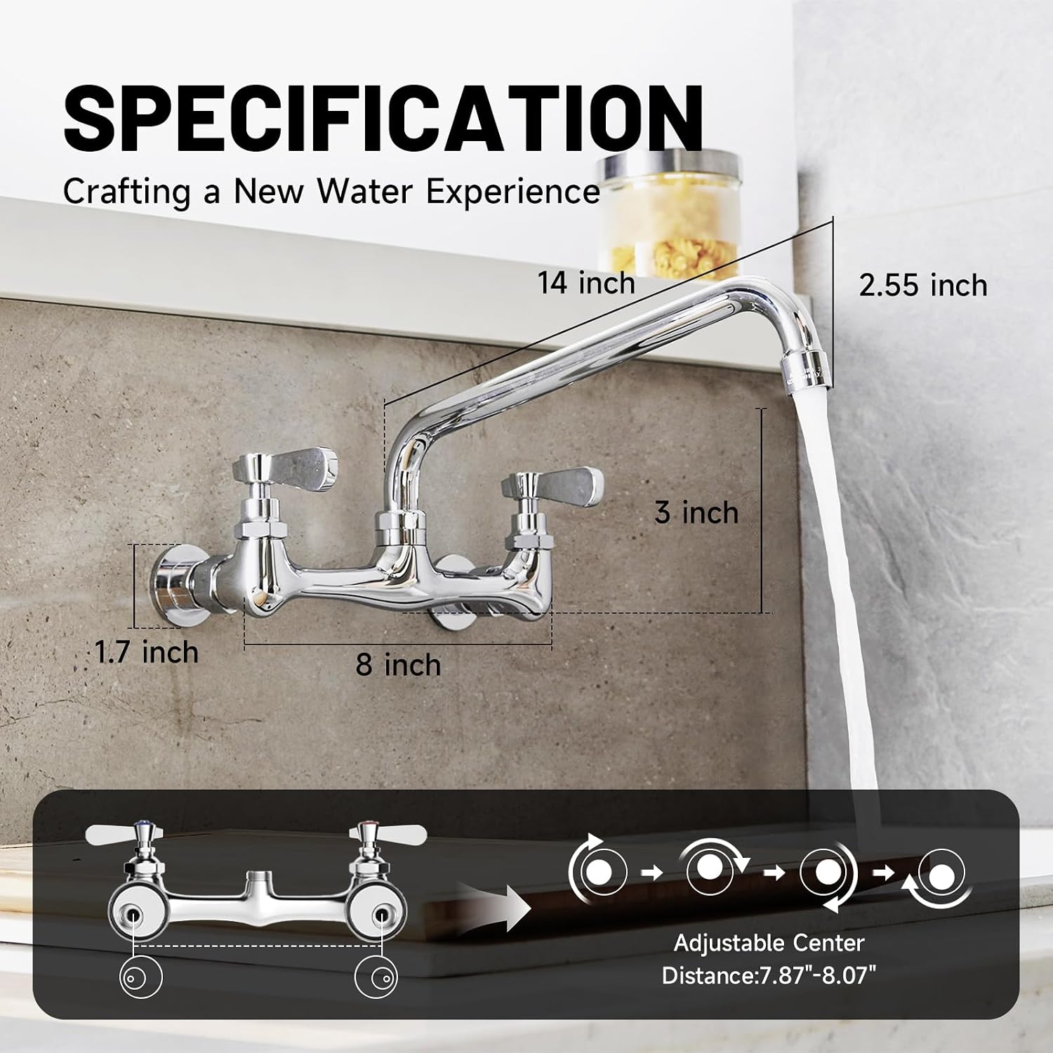 Wall Mount Faucet Kitchen Faucets Utility Sink with 14 Inch Swivel Spout Gooseneck 8" Center Commercial Sink Faucet Laundry Restaurant,Chrome Finish by Bathfinesse