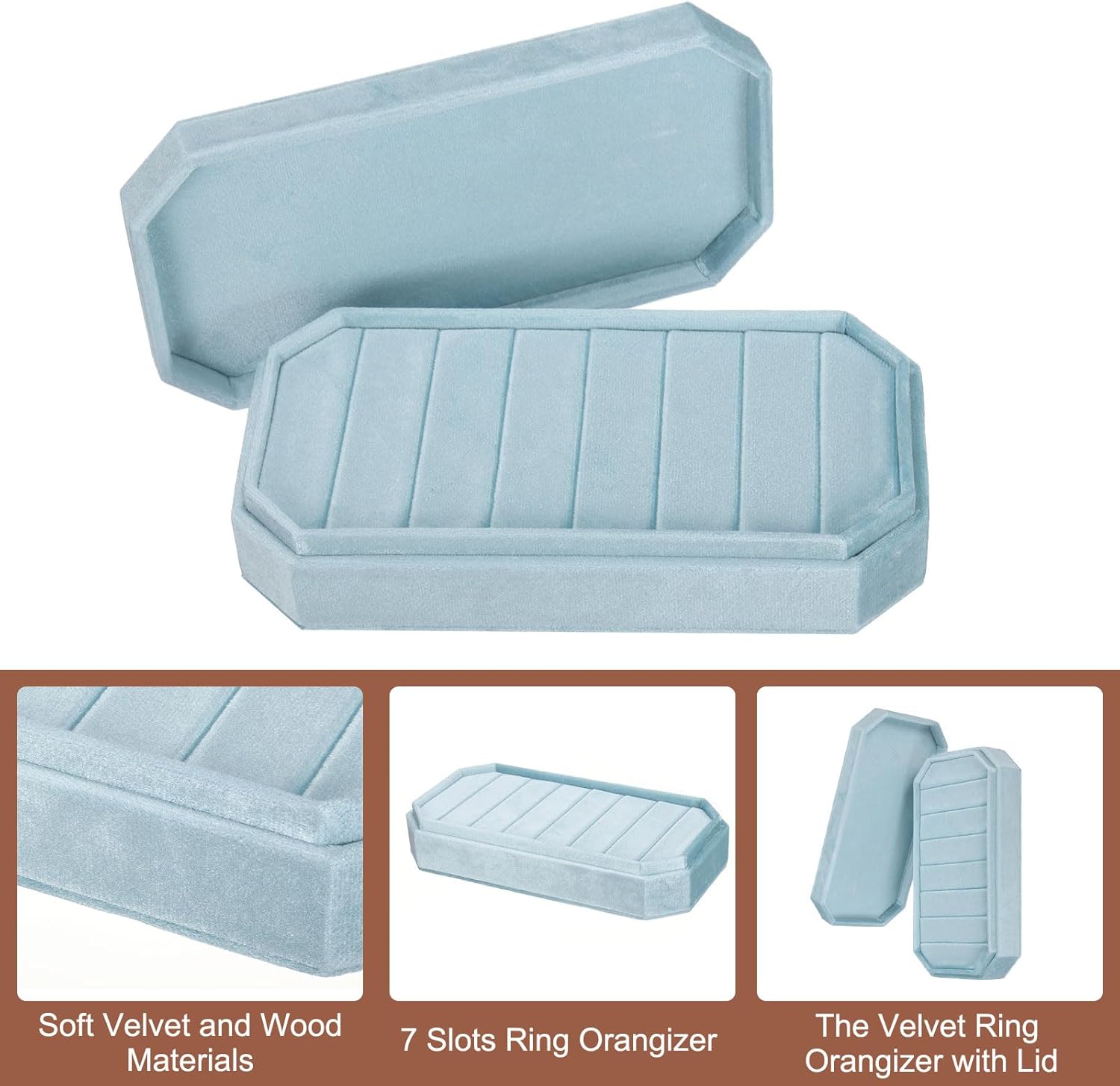 uxcell Velvet Ring Organizer Jewelry Display Tray 7 Slots Showcase Ring Holder Case Velvet Jewelry Organizer Box Stand with Lid for Rings Earrings Light Blue