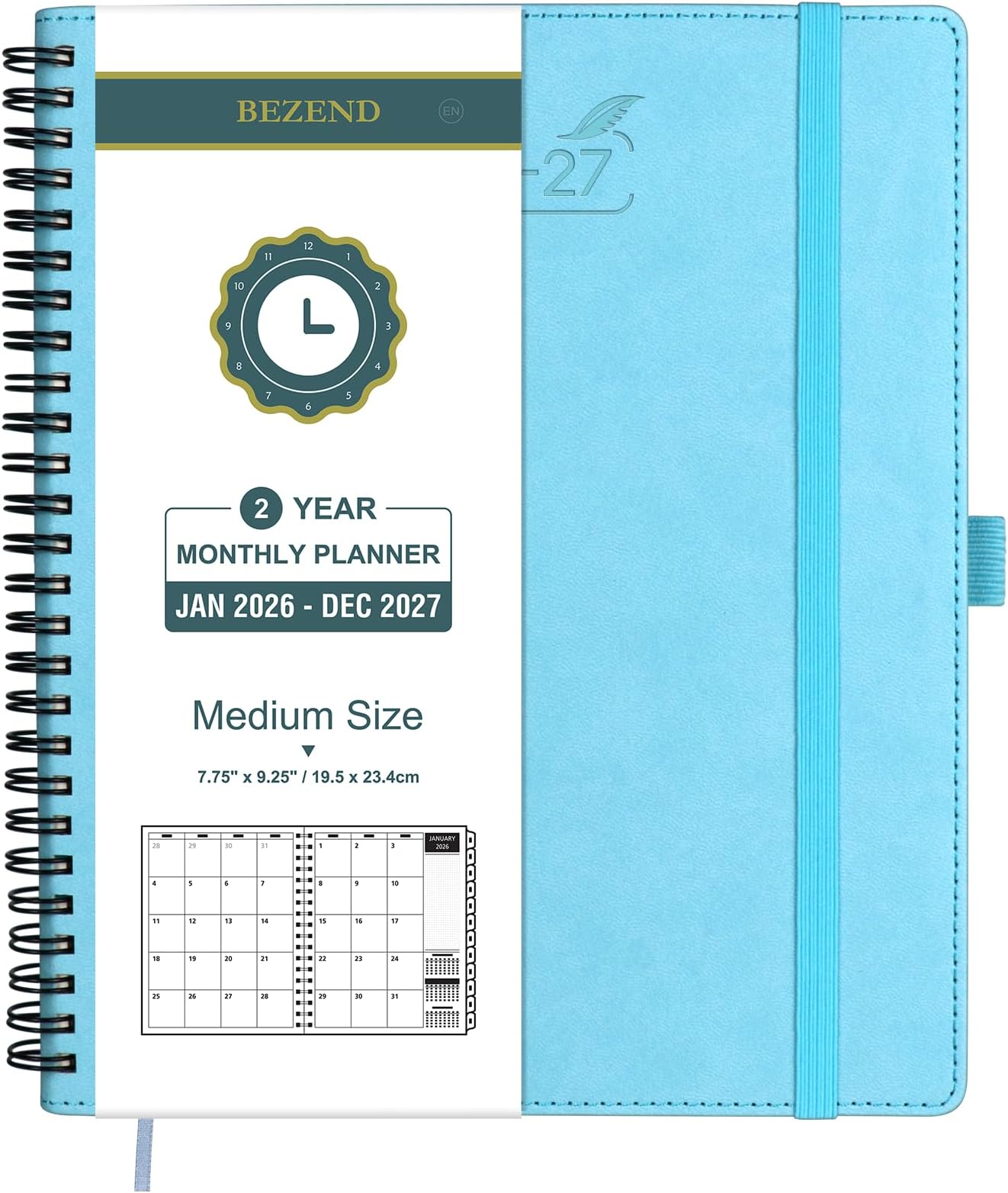 Month to View Diary 2026-2027 with Notes (Jan 26 - Dec 27), Monthly Planner 23.4 x 19.6cm - 120 GSM Thick Paper, 2 Year Spiral Calendar with Tabs & Storage Pockets, Soft Cover, Sky Blue