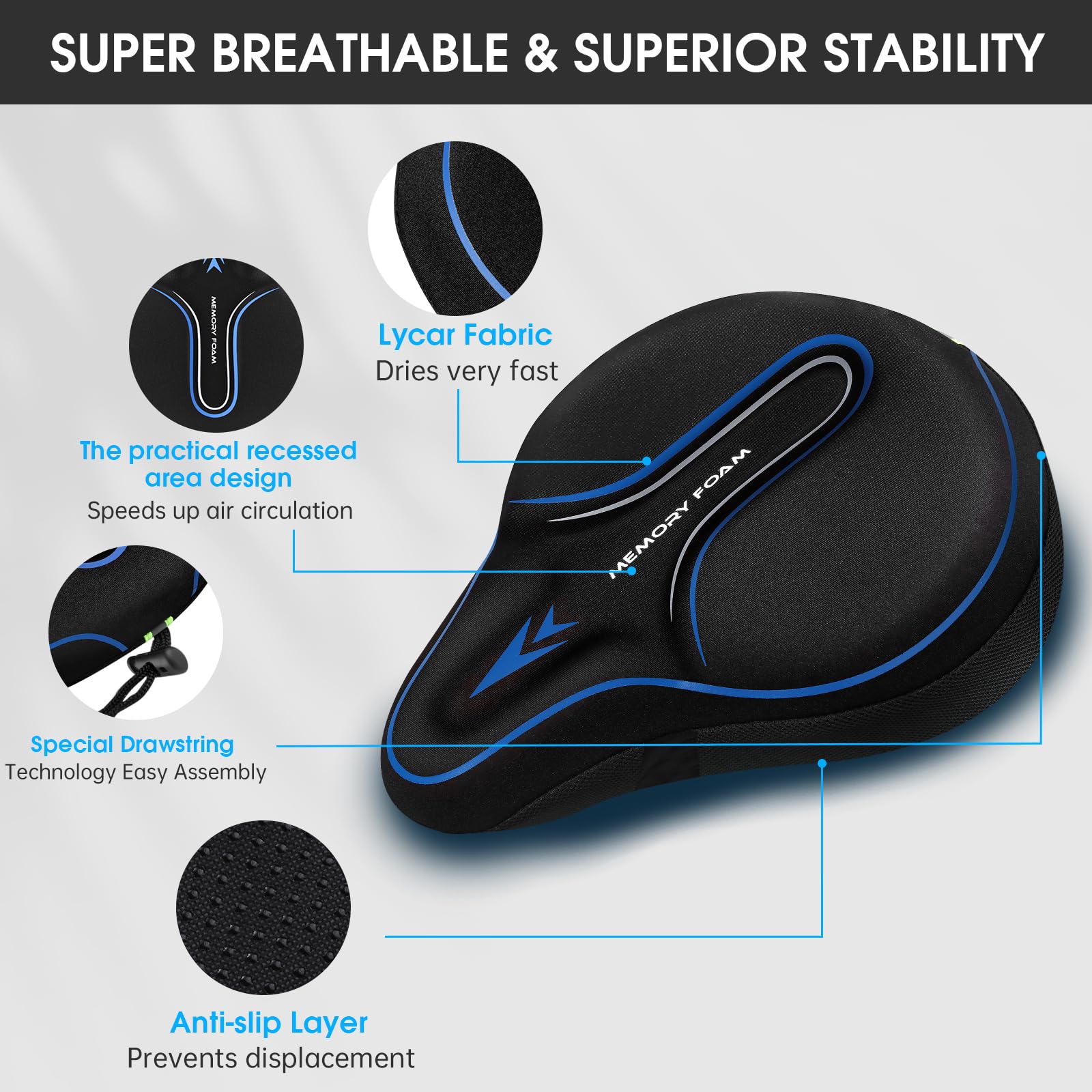 Coprisedile imbottito in memory foam, morbido cuscino per bici da uomo e donna, comodo accessorio per bici, ciclismo all'aperto e al chiuso (blu)