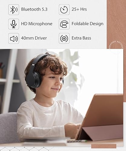 Miniatura 4 de rockpapa E8 - Auriculares Bluetooth sobre la oreja con micrófono para niños, niñas, jóvenes, adolescentes, adultos, auriculares plegables con