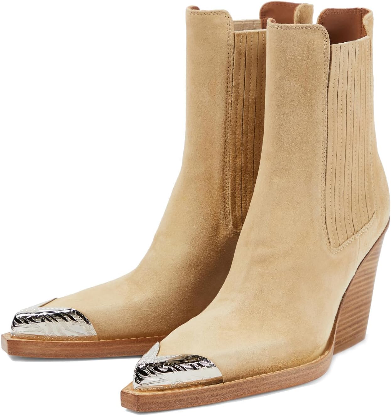 Goolita Suede Western Cowboy Boots For Women Metal Pointed Toe Stacked Block Heel Cowgirl Ankle Boots Vintage Slip On Short Booties