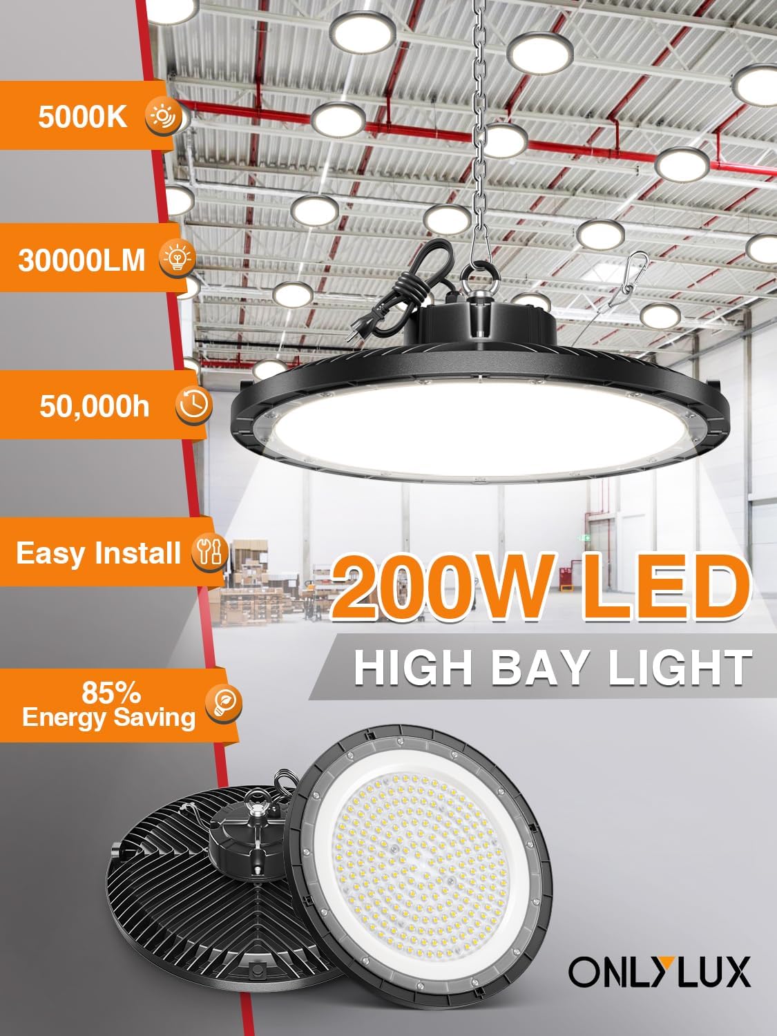 ONLYLUX UFO High Bay Light 200W 5000K 30000LM 150LM/W (Eqv.800W Mh/Hps/Hid) Including Safe Rope and Plug 5ft Cable Shop Lights for Garage led Super Bright, Easy Install High Bay Lights 10Pack - Image 2