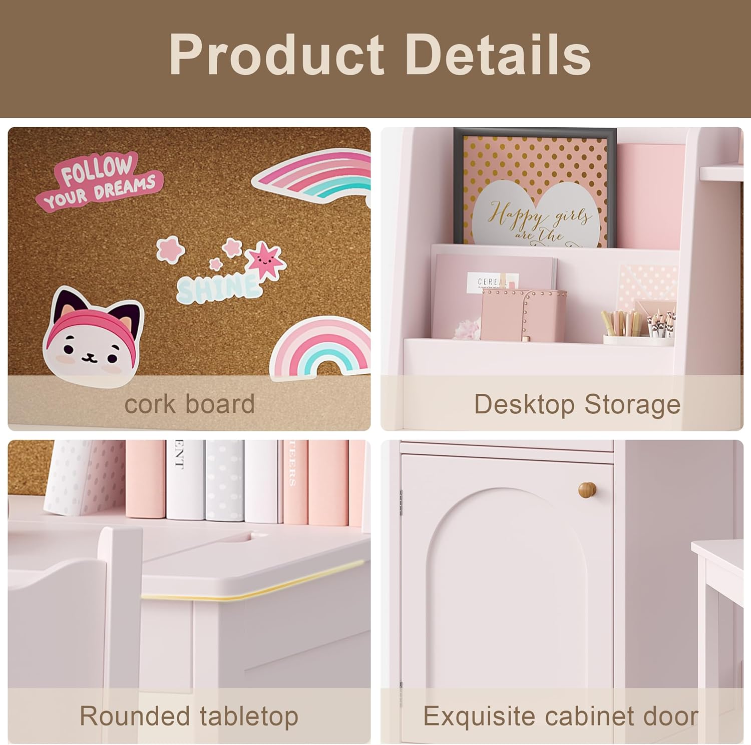 Treocho Kids Study Desk and Chair Set, Kids Desks with Tiltable Desktop and Hutch，Wooden Children Study Table with Fabric Drawers for 5-12 Years Old, Student Writing Desk Bedroom, Home School，Pink