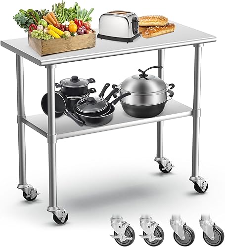 BEALNITAS - Mesa de acero inoxidable con ruedas, 24 x 48 pulgadas, mesa de trabajo comercial de metal NSF con estante ajustable, mesa de preparación