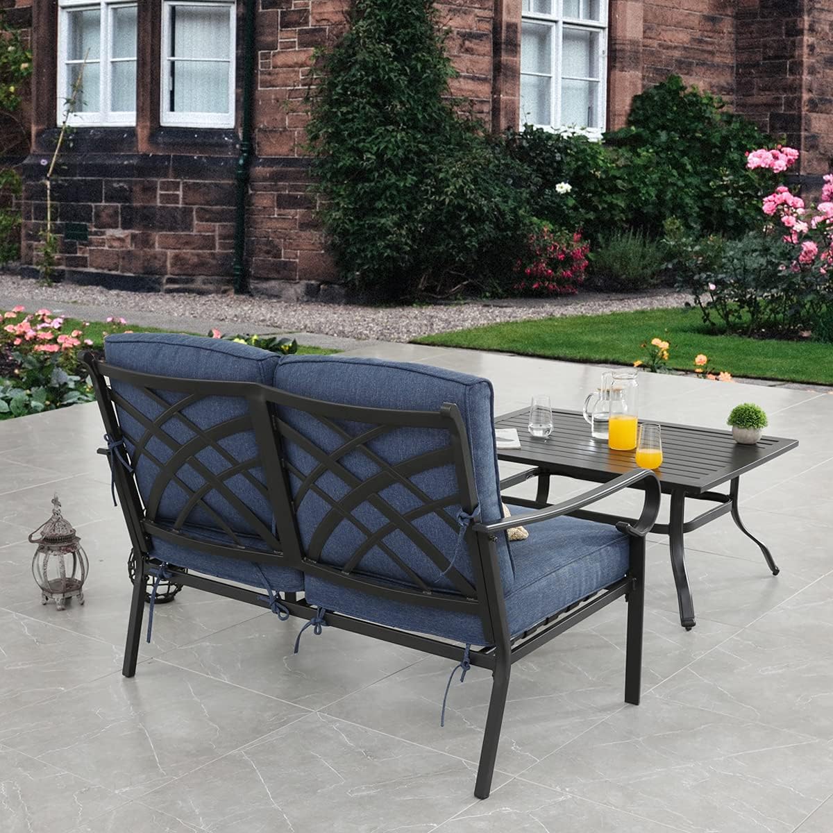 PatioFestival Patio Loveseat Bench 2-Person 6.3 Inch Cushioned Outdoor Sofa with Coffee Table All Weather Steel Frame