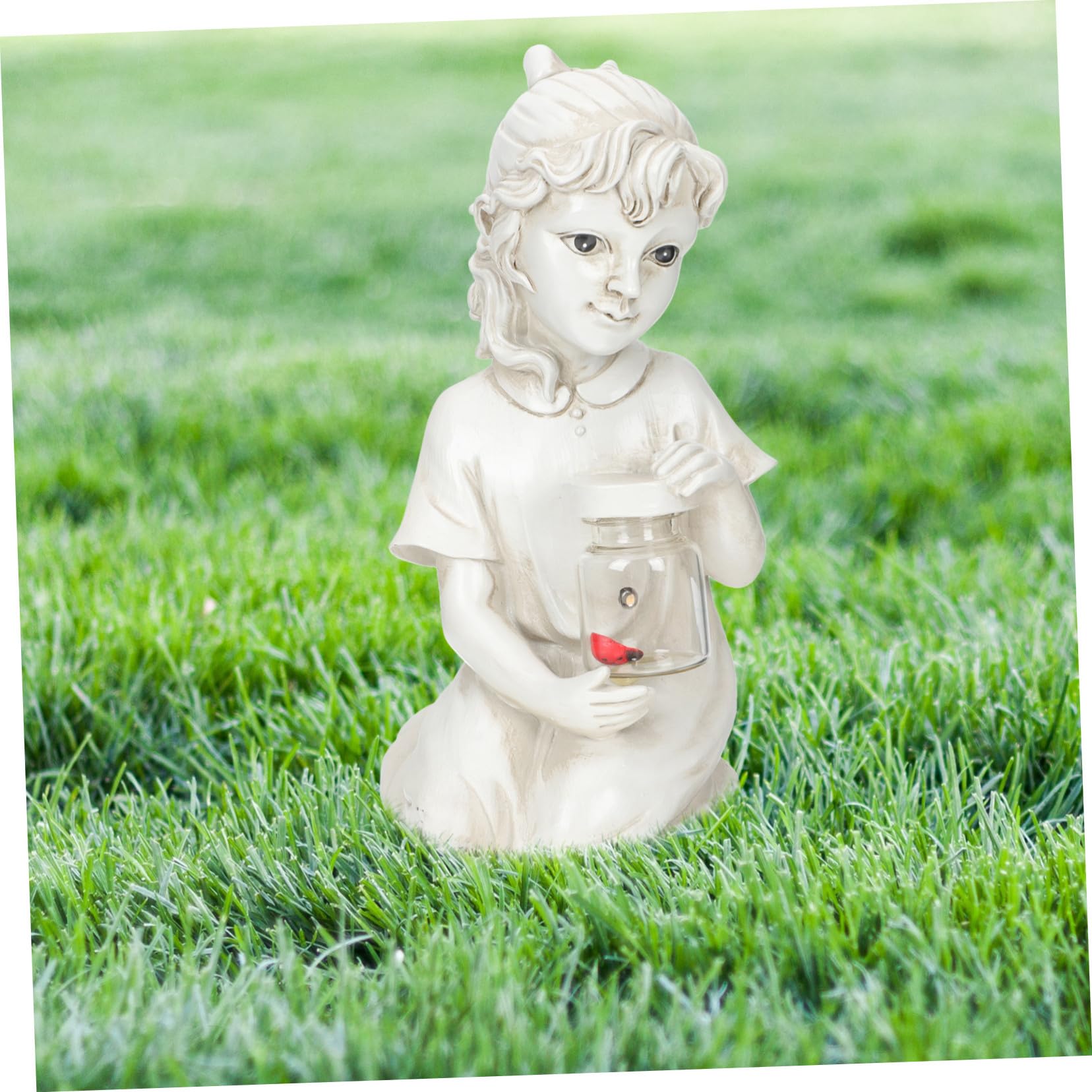 Solar-powered Resin Kid Sculpture Outdoor Garden Ornament with Decorative Lighting Weather-resistant Child Statue for And Flowerbed Décor