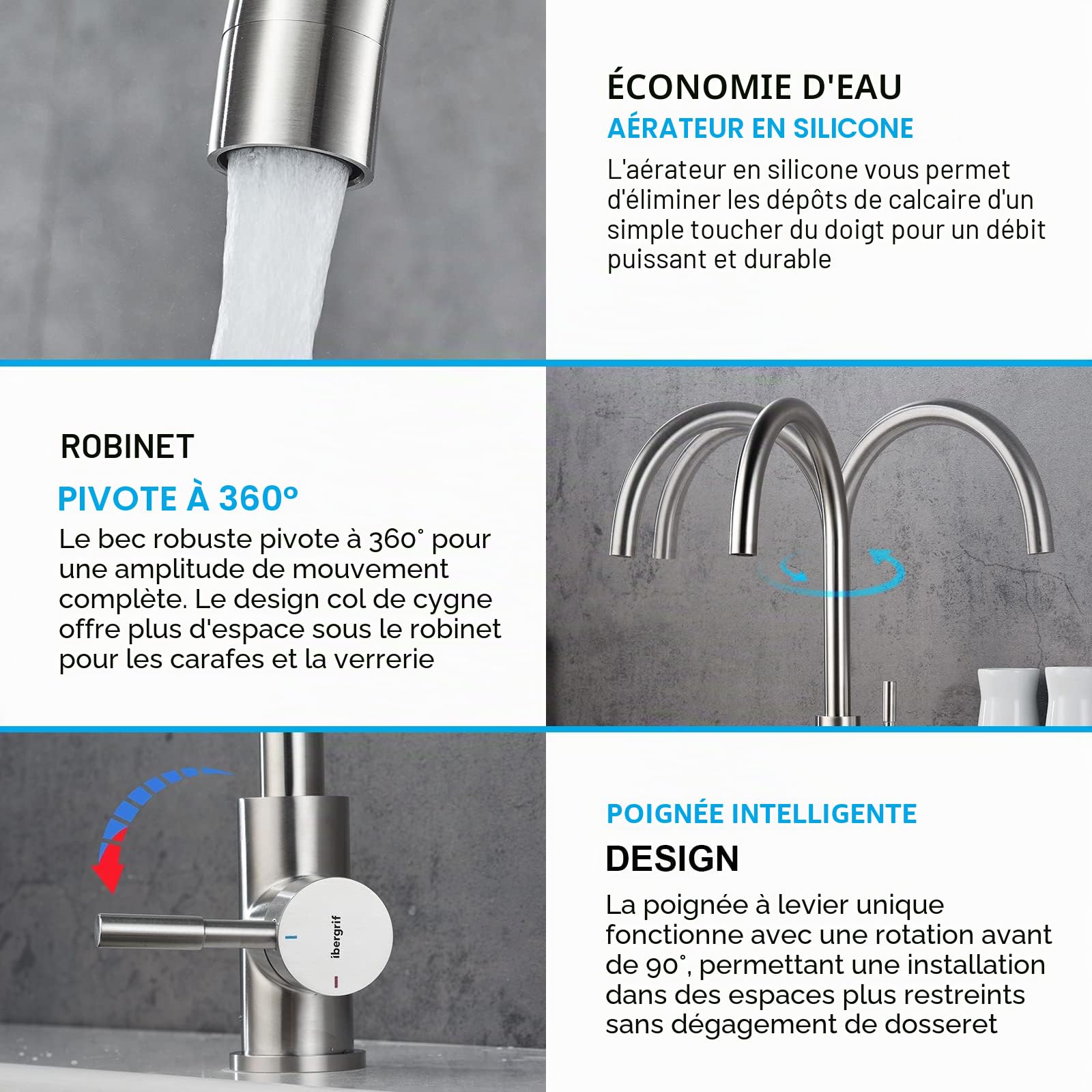 Ibergrif M22110, Mitigeur d'évier avec Bec Haut, Robinet de Cuisine, Inox, Gris