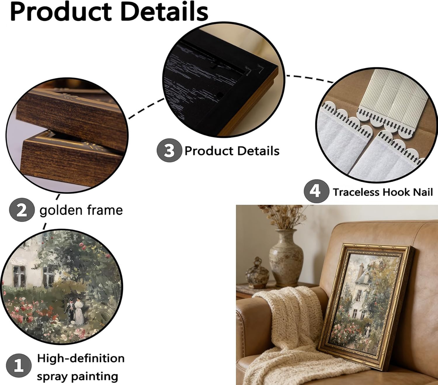 Gold Framed Vintage Floral Canvas Wall Art, Rose Garden Painting Picture Wall Decor, Neutral English Cottage Poster Print Artwork, for Living Room, Bedroom, Country Room, Home Decoration 12x16in