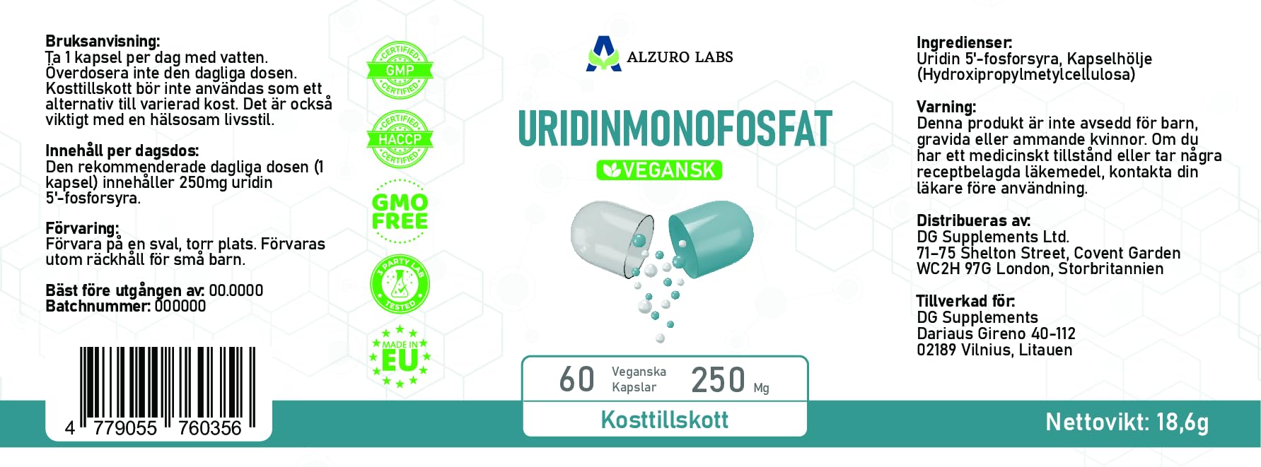Uridine monophosphate | 250 mg | 60 gélules végétales | cure de 2 mois | GMP & Testé en Laboratoire Indépendant