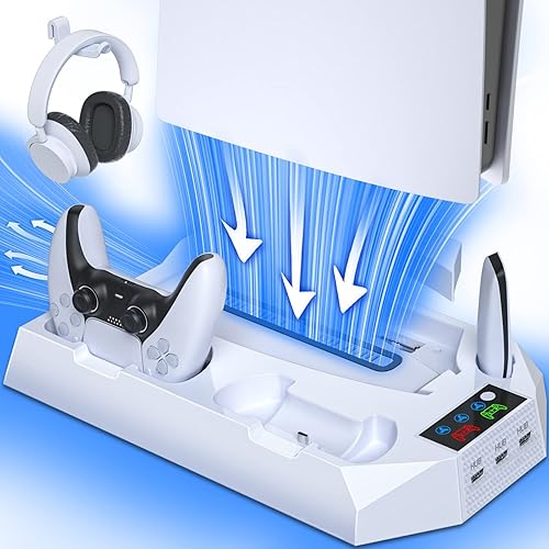 DBEPANK Soporte para PS5 y estación de refrigeración con estación de carga de doble controlador PS5 soporte vertical con soporte para auriculares,