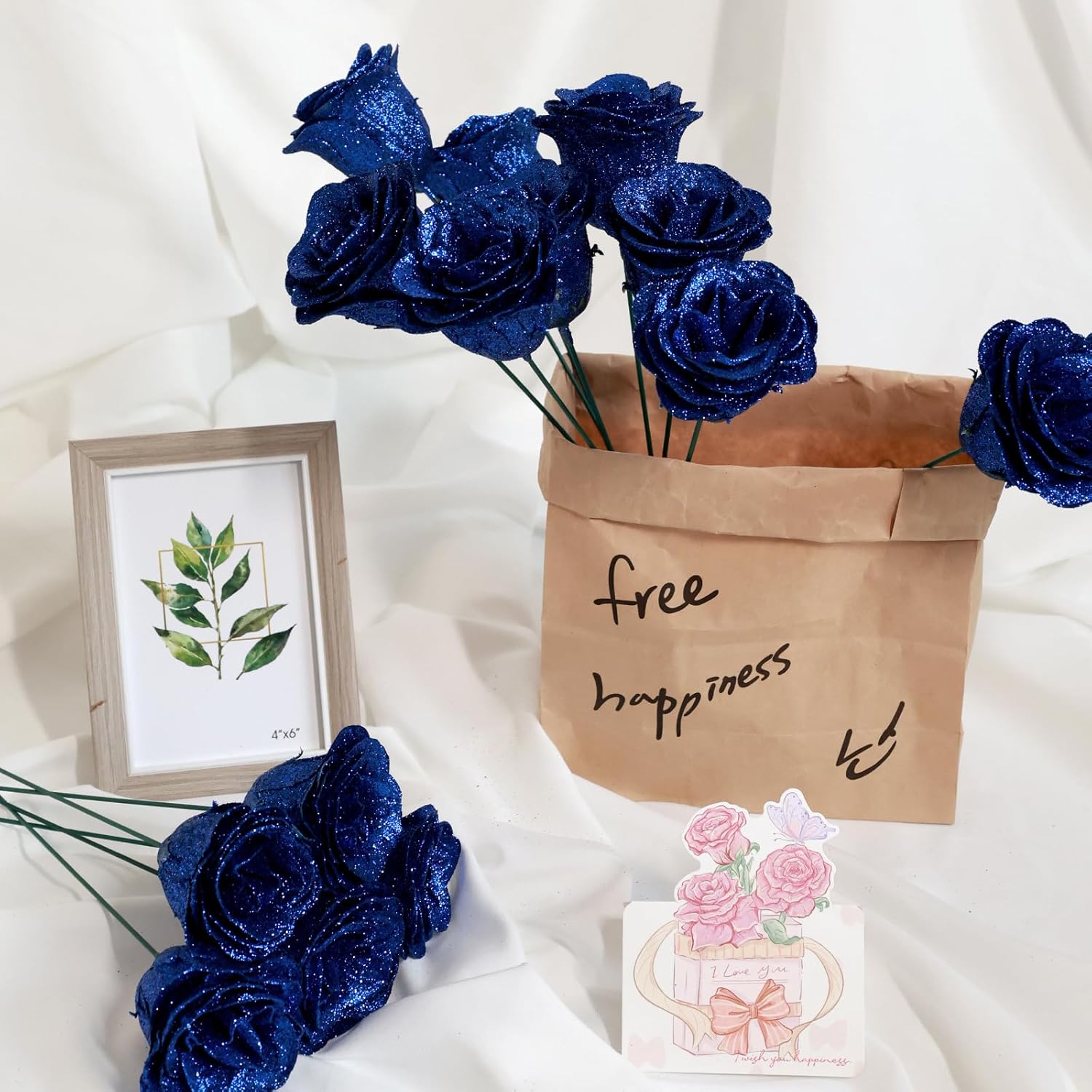 Glitter Roses Bouquet, Shiny Artificial Roses Flowers with Stems DIY Fake Glitter Flowers Bouquet for Valentine's Day, Anniversary, Graduation, Birthday, 24 Roses (Blue) - Image 5