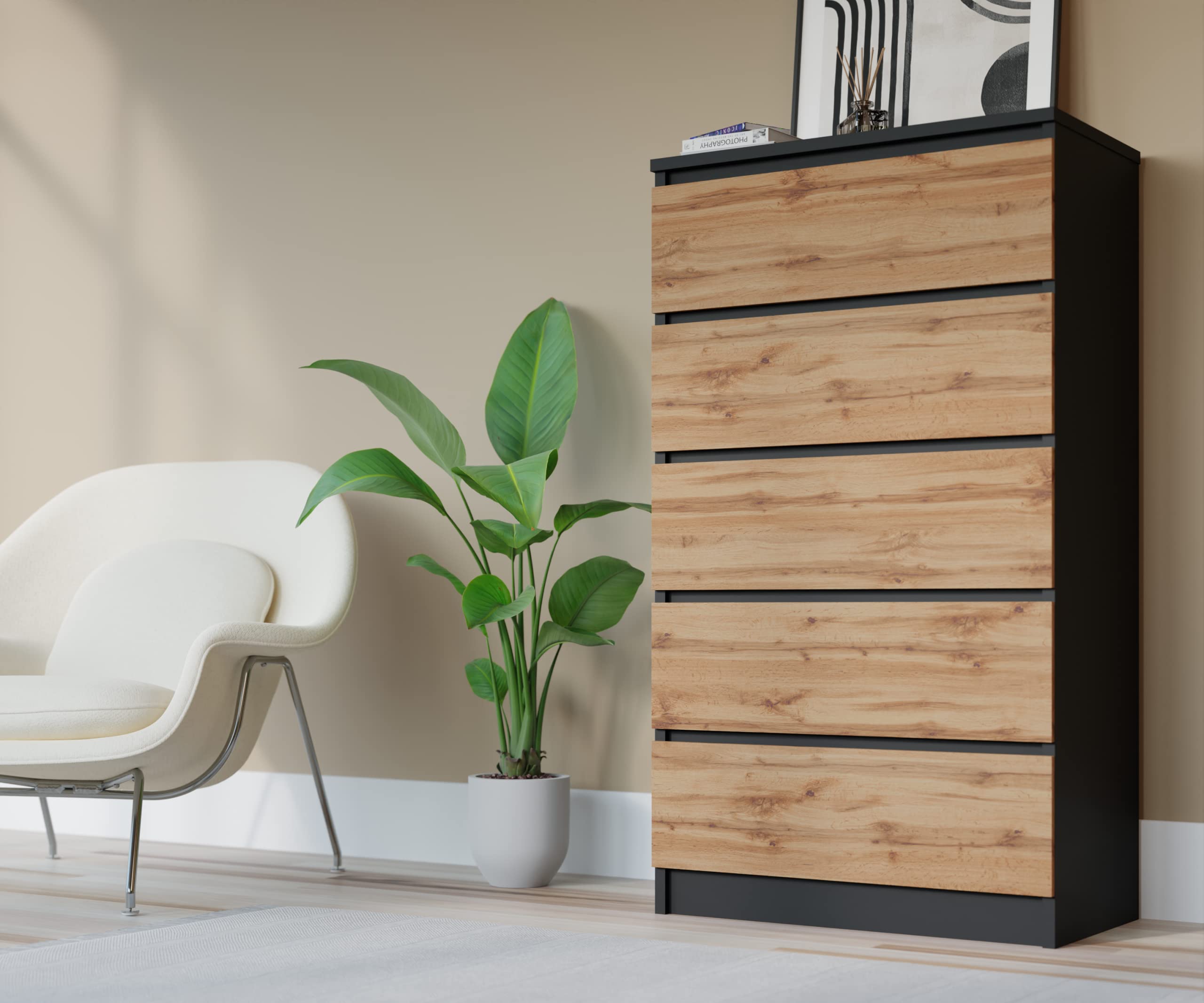 3E 3xE living.com Cassettiera, credenza con 5 cassetti, Nero/Quercia wotan, D: 70 x 124 x 39 cm