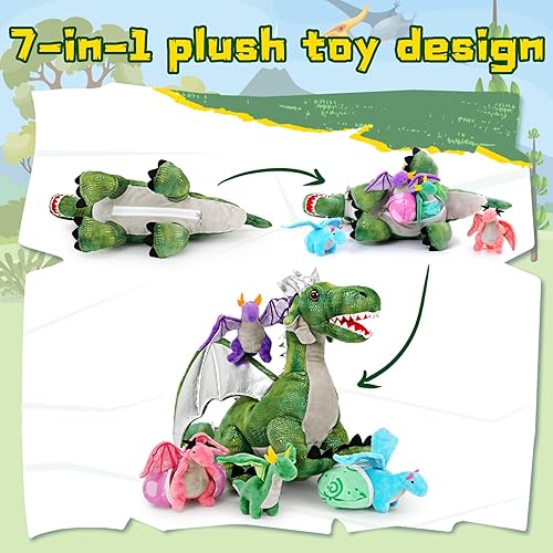 Vista 5 de MorisMos Juego de 7 animales de peluche de dragón verde, juguete de peluche de 21 pulgadas con 4 dragones bebé y 2 huevos en el interior, juguete
