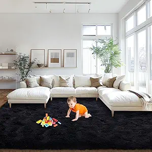 Black Area Rugs 9x12 Living Room, Large Fluffy Rugs for Bedroom, Soft Carpet Shag Kids Room Rug, Non-Slip Fuzzy Rugs Indoor (9ft x 12ft, Black)