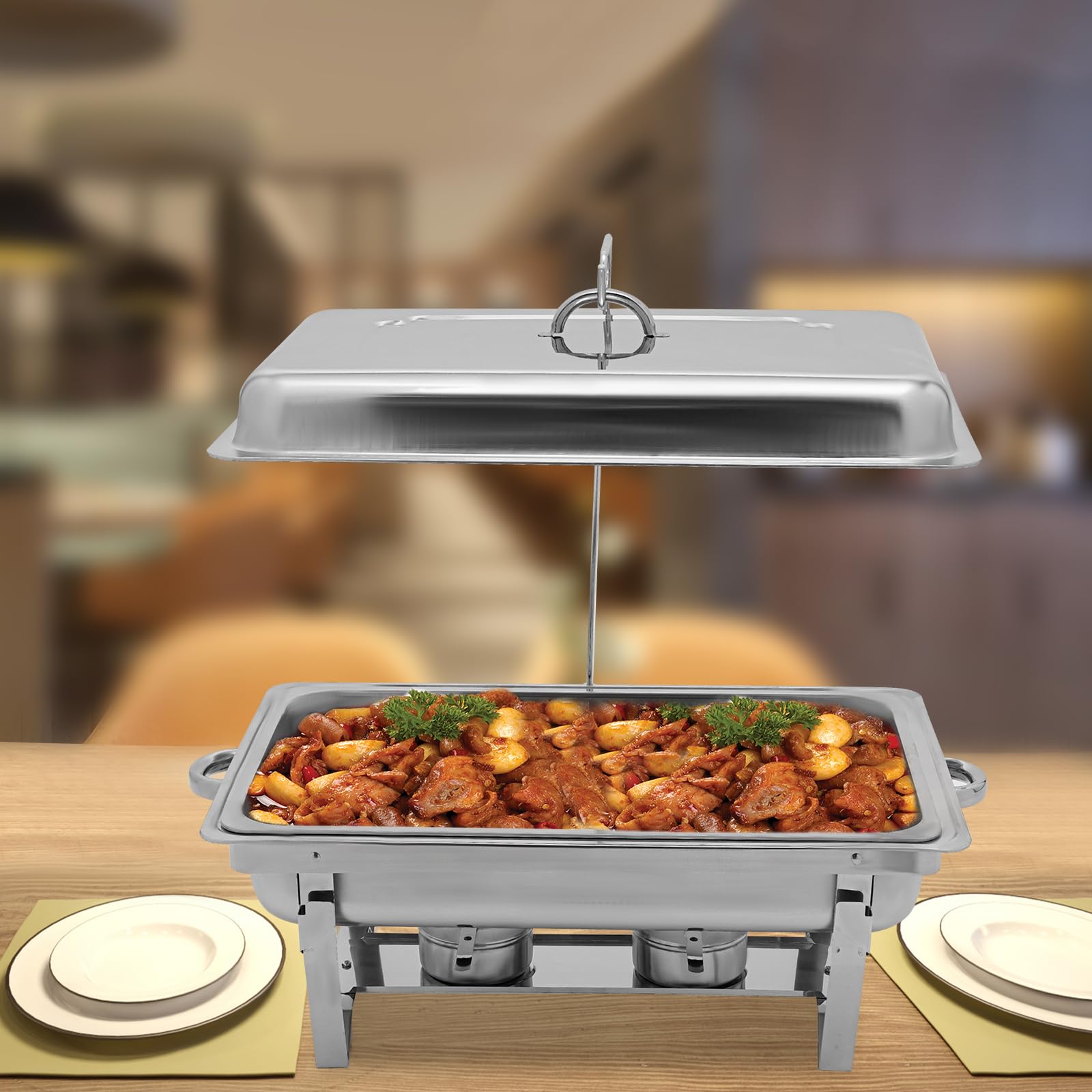 Scaldalibi da 9 l, contenitore termico in acciaio inox, telaio pieghevole in acciaio inox, set da buffet argentato, rettangolare, per catering buffet e feste (1 vassoio)
