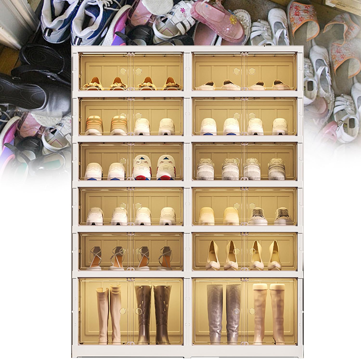 Scarpiera Pieghevole Trasparente A 3 Ripiani – Contiene Fino A 12 Paia Di Scarpe – Impilabile Con Coperchio