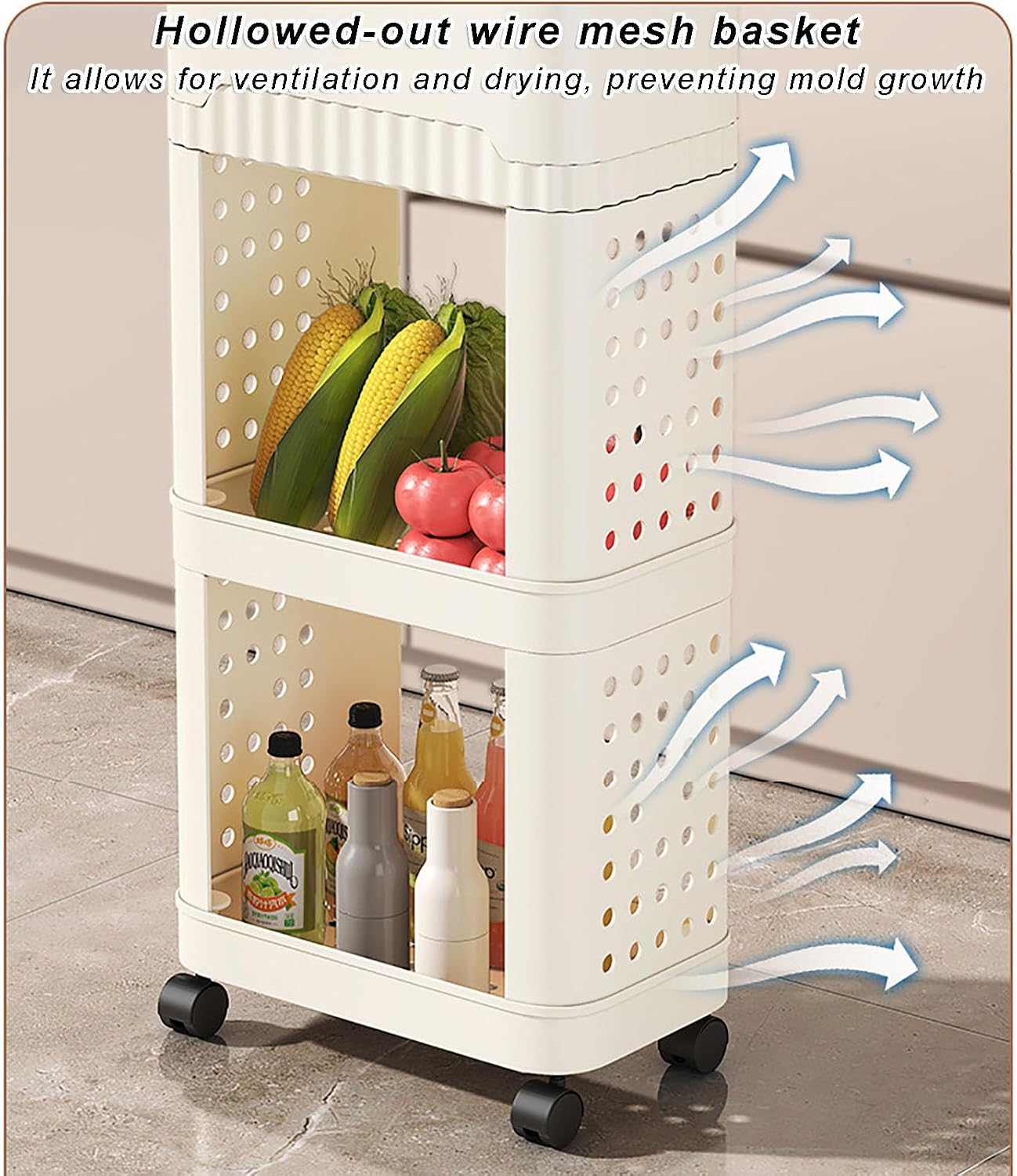Narrow Rolling Storage Shelf, 28x19x74cm Plastic Utility Cart with Sliding Lid, Kitchen Trash Can Rack for Laundry Room Organization, Space-Saving White Design