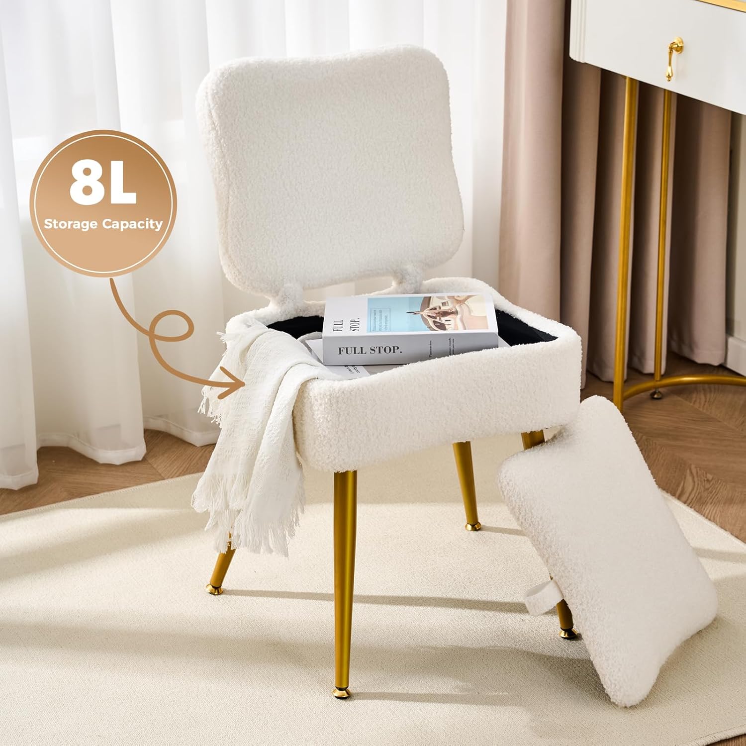 Small Vanity Storage Chair with Back - Plush Teddy Fabric, 8L Hidden Storage, 250lbs Capacity, Multi-Functional Vanity Stool Ottoman for Living Room, Bedroom and Bathroom, White