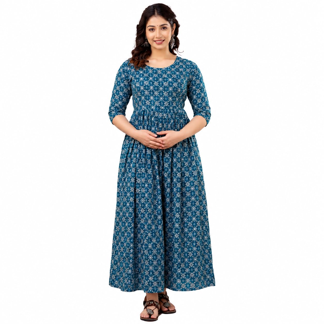 Women's Maternity Feeding Dress | Printed Anarkali Nursing Dress with Hidden Feeding Zippers | Round Neck 3/4 Sleeve Pregnancy & Breastfeeding Wear | Soft Comfortable-image-42