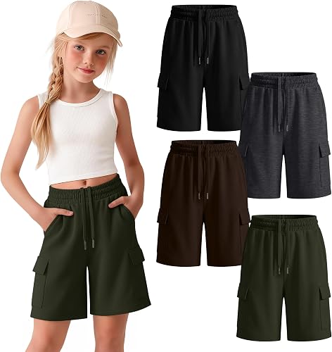 JoyMotion 4 Pack Girls Cargo Bermuda Shorts, 4-Color, 13-14 Years