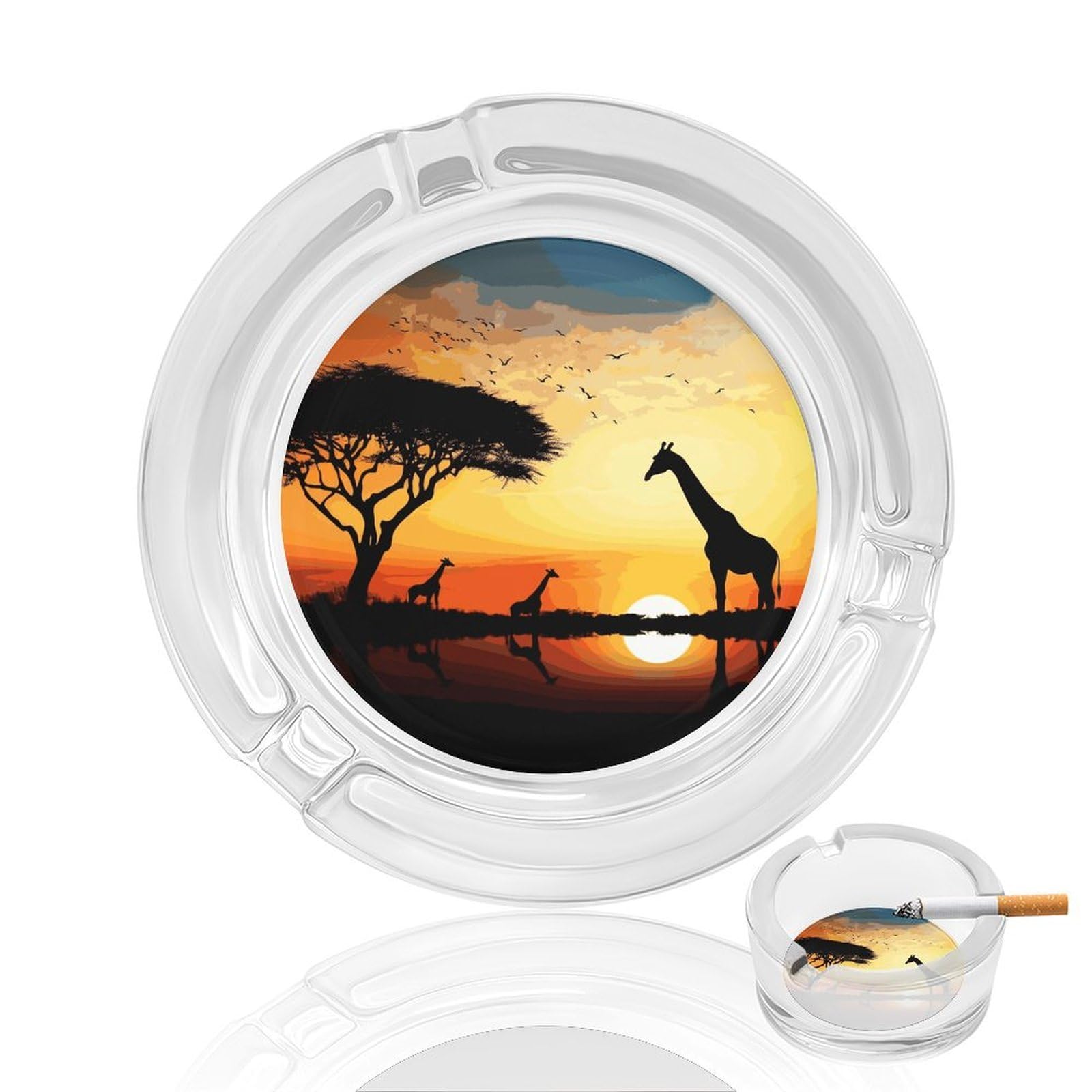 Giraffe Sunset Glass Ashtray for Cigarette,Cigarette Ashtray for Indoor Or Outdoor Use,Cigar ash trays case with 3 Notches-Glass Decor Gift for Men Smokers