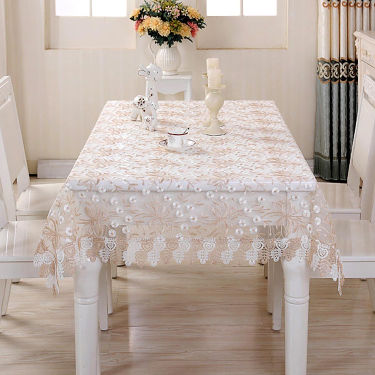 Lace Tablecloth Rectangle Chic Embroidered Table Cover, Vintage Overlay Table Cloth for Wedding Banquet Birthday Party Formal Dining Table, Refrigerator TV Dustproof Cover, Coffee White, 60×87in