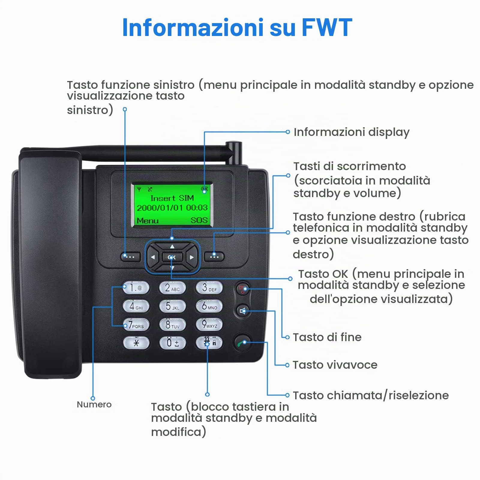 Lychee Wireless SIM Card GSM Classico Telefono Fisso, Ampio Display, Clear Sound, Ideale per Casa/Hotel/Ufficione (Nero 01)