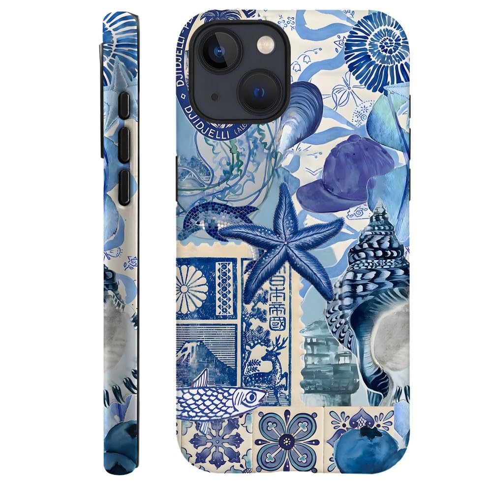 Case for iPhone 14 Plus,Fits Frosted Case Design for Girl Women,Beach Blue Starfish Themed Collage European