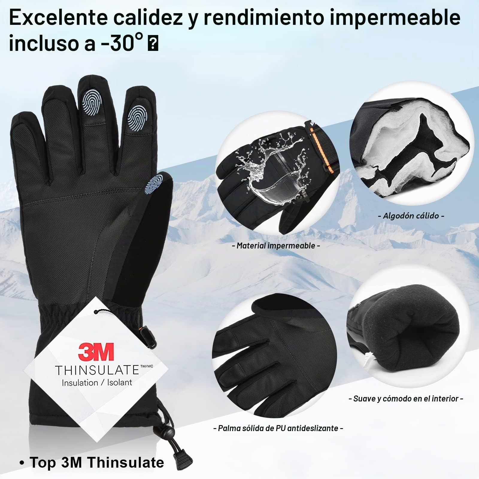 Vihir Guantes de Esquí Impermeables con Pantalla Táctil para Hombre y Mujer