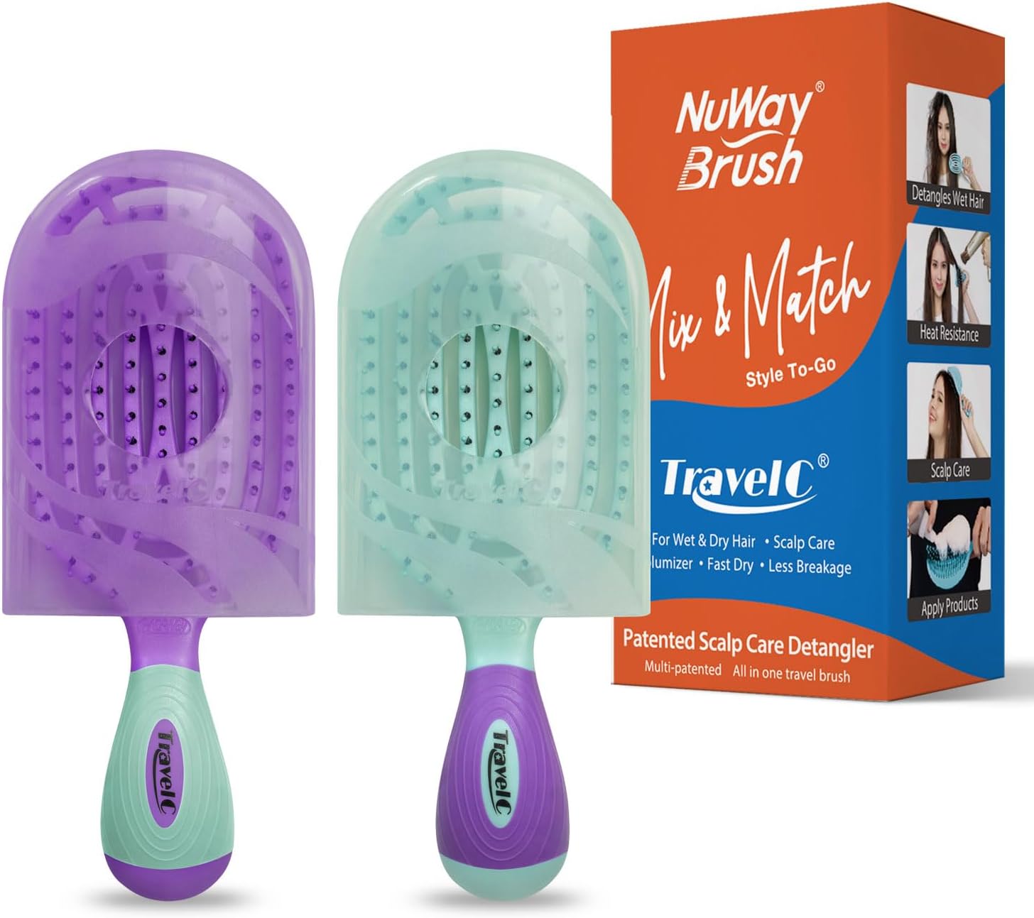 NuWay 4HAIRยฎ US Patented Detangler Hair Brush for Men & Women - Purple & Teal | Hair Comb for Scalp Care - Quick Dry Breathable - TravelC Tangle Relief Brush for All Hair Types