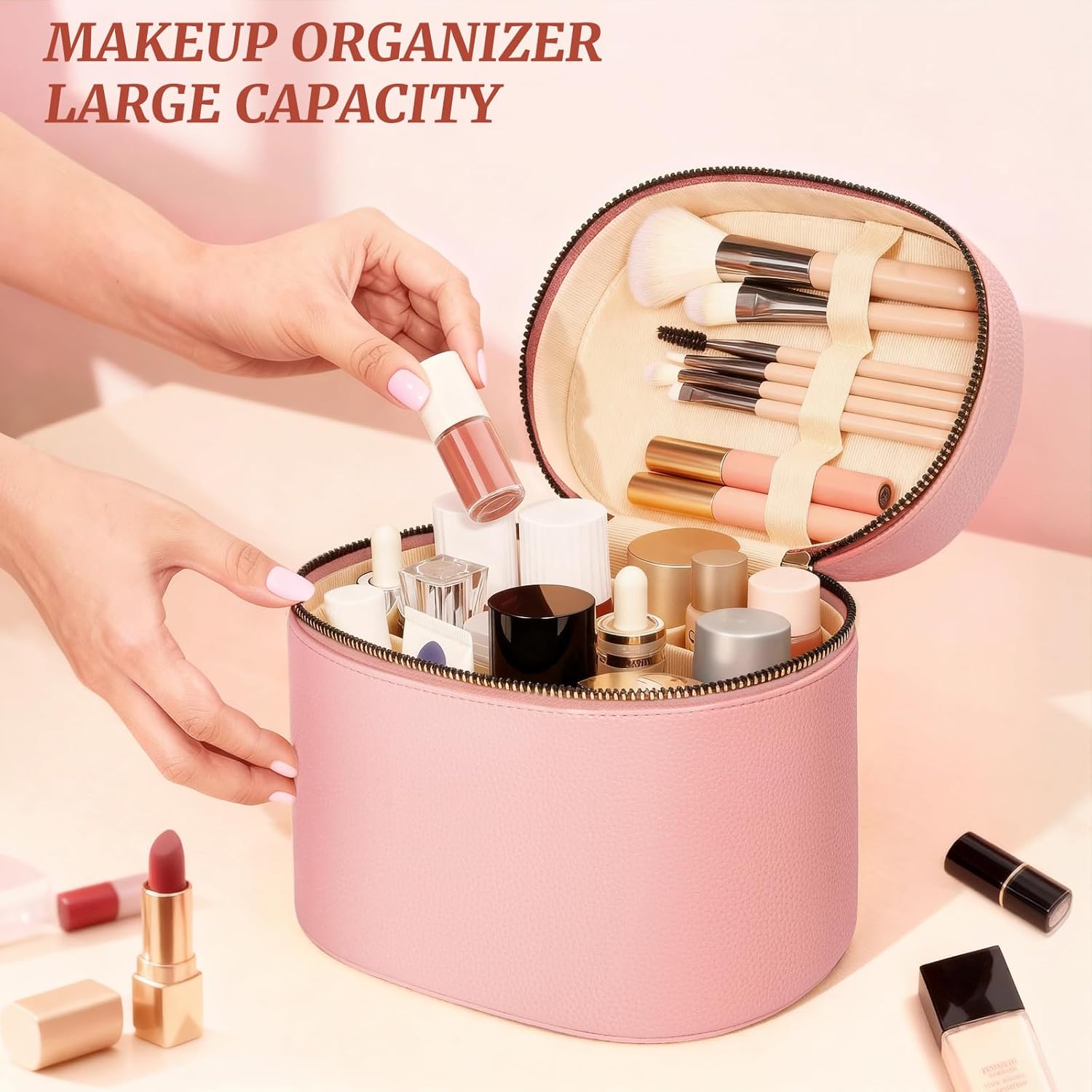 Makeup Bag Vanity Case for Women Leather Cosmetic Bag Makeup Organizer Case Portable Travel Toiletry Bag With Removable Compartments and Handle - Pink
