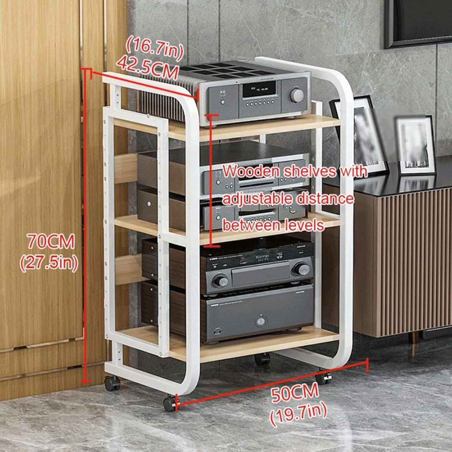 Audio-Video Shelving Audio Rack Tower Stereo Cabinet with Adjustable Shelves AV Media Stand with Wheels Mobile Stereo Stands(White,3 Tier)