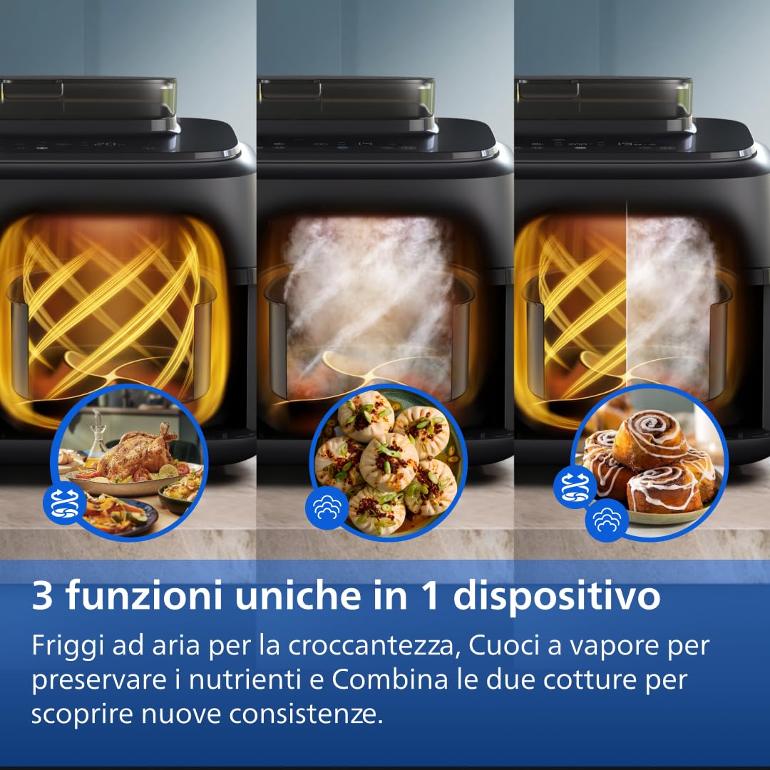 Philips Airfryer Serie 5000 doppio cestello con vapore-Frittura ad aria, cottura a vapore o combinata 19 metodi di cottura; Capacità 9L (3L + 6L), Tecnologia RapidAir Plus, Auto SteamClean (NA550/00)