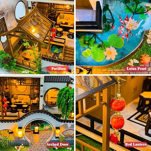 Miniatura 3 de Yuzhen Casa de muñecas en miniatura con muebles y luces LED, gran casa de muñecas de madera de estilo antiguo que incluye cubierta de polvo y