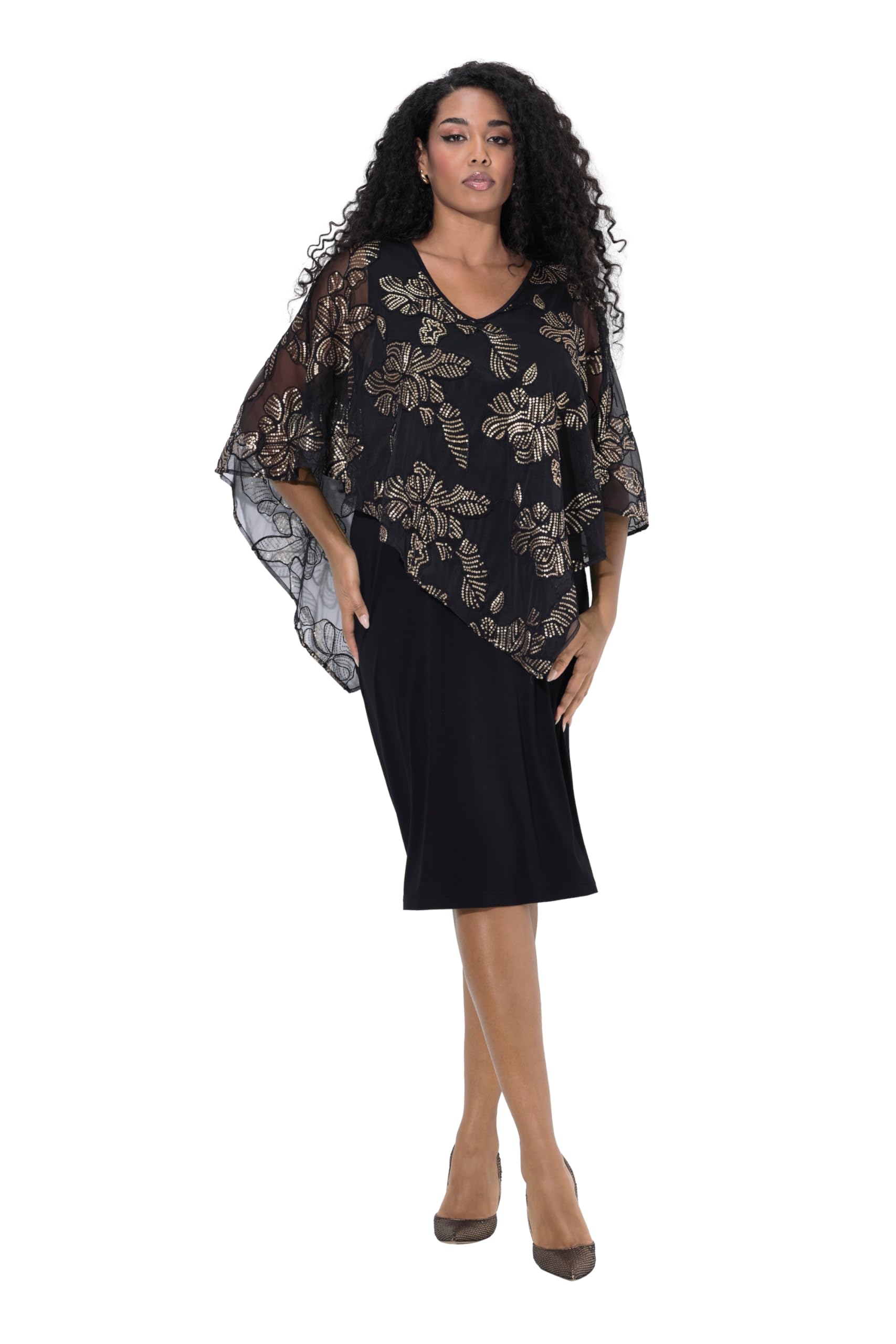 Ulla Popken Damen große Größen Übergrößen Plus Size Kleid, doppellagig, Pailletten, V-Ausschnitt, 3/4-Arm 842576