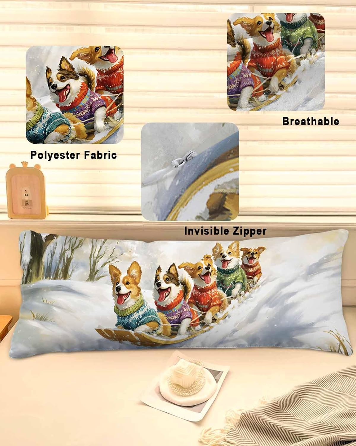 Christmas Pillow Cover Lumbar Throw Pillow Cover, Winter Animal Dog Sleigh Snow Scene Body Pillow Cushion Cover, Polyester Fabric Pillow Cover for Bench Bedroom Living Room Decor 20x54