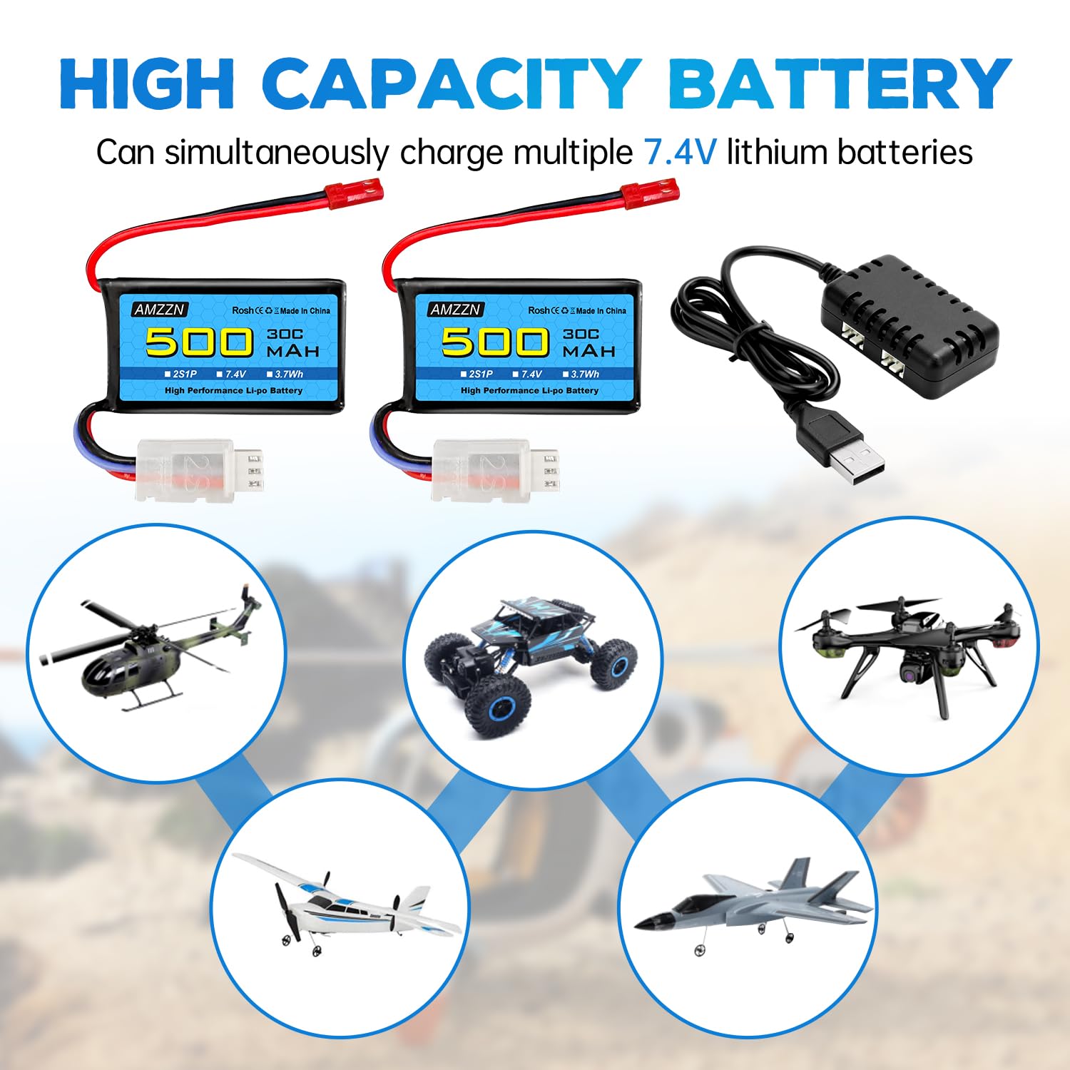 Batería Lipo De Enchufe JST-2P De 7.4 V 500 MAh 30C Adecuada Para Helicópteros RC, Cuadricópteros, Aviones Pequeños, Drones De Carreras Micro FPV, Autos RC, Camiones Y Vehículos De Alta Velocidad