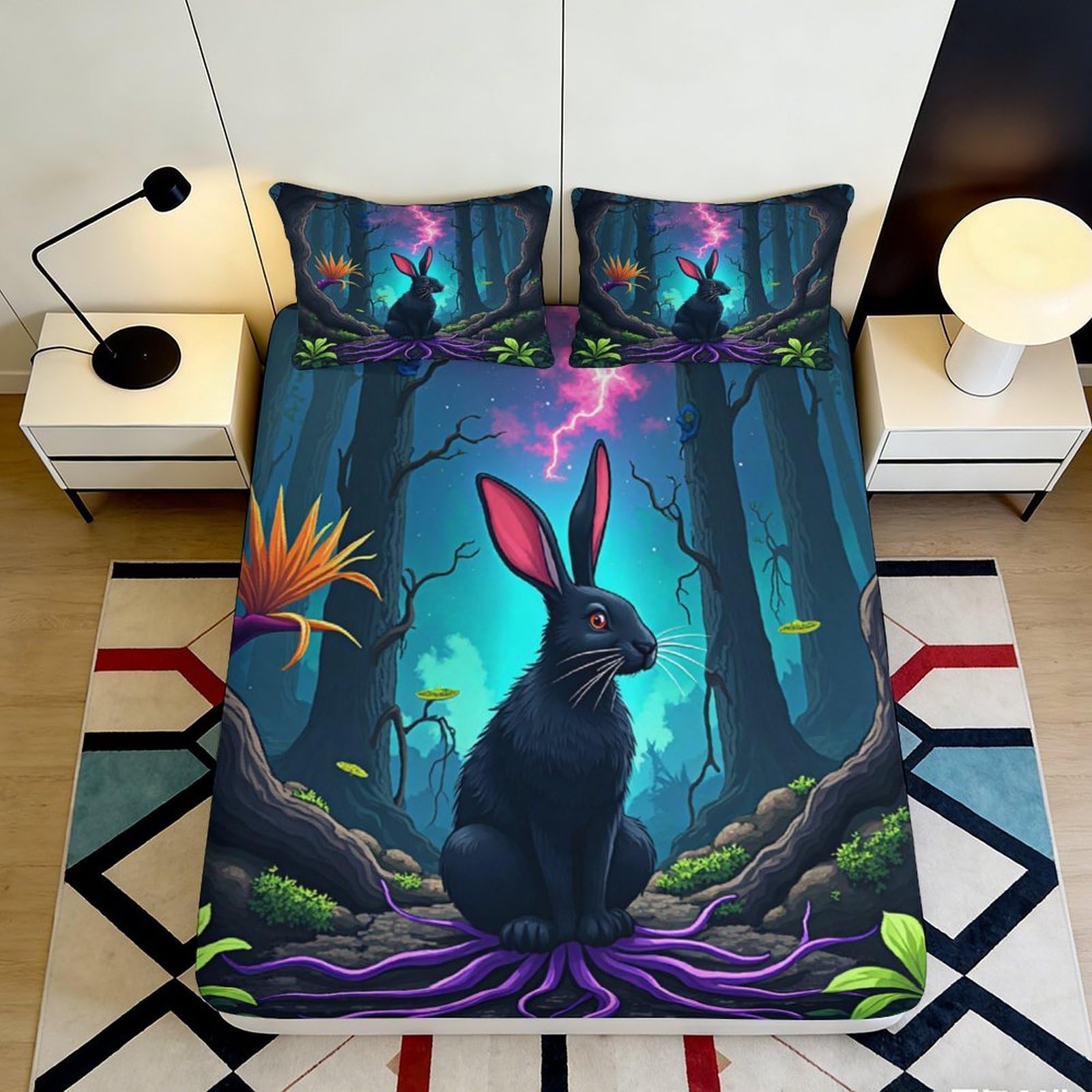 Uxinyoume Style-4 3D Printed Enchanted Forest Fitted Sheet Microfiber Soft Rabbit Art Mattress Cover For Bedroom Dorm Decor 90X200x25cm