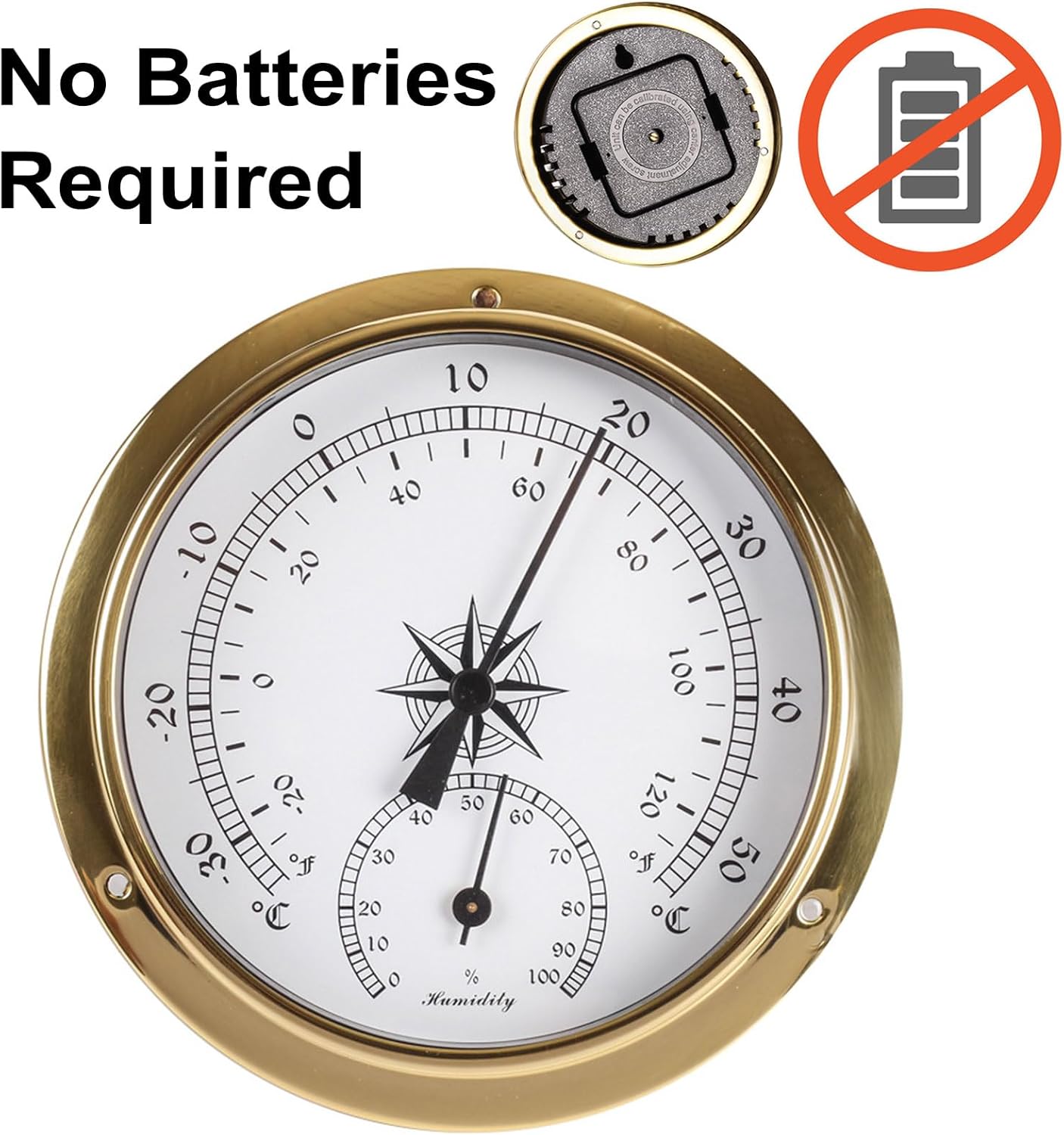 4.5In Brass Nautical Tide Clock Wall Clock, Barometer, Thermometer, Hygrometer, Thermohygrometer, Traditional Weather Station High Precision for Sailing, Fishing,Barometer