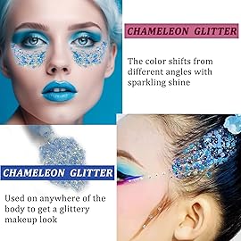 MEICOLY Chameleon Mermaid Blue Body Glitter,Chunky Face Glitter for Halloween,Color Changing Mermaid Glitter Face Paint,Glitter Sequins for Face Body Hair,Festival Party Cheer Glitter Makeup