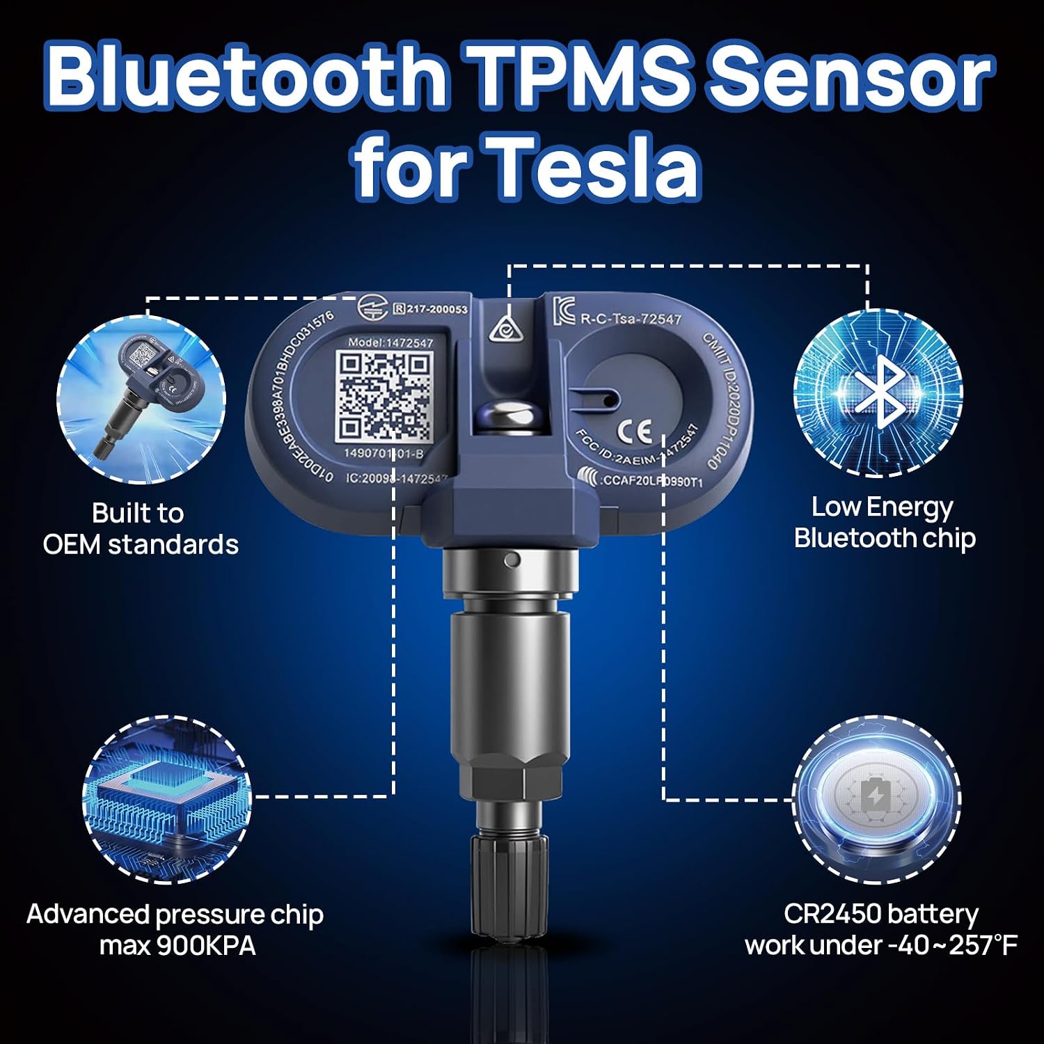 Masoll Bluetooth TPMS Sensor for Tesla Model 3 Y S X, 4 Pack | Pre-Programmed, Auto-Relearn, Built to OEM standards, Works in -40°F to 257°F, 5 to 8 years battery life