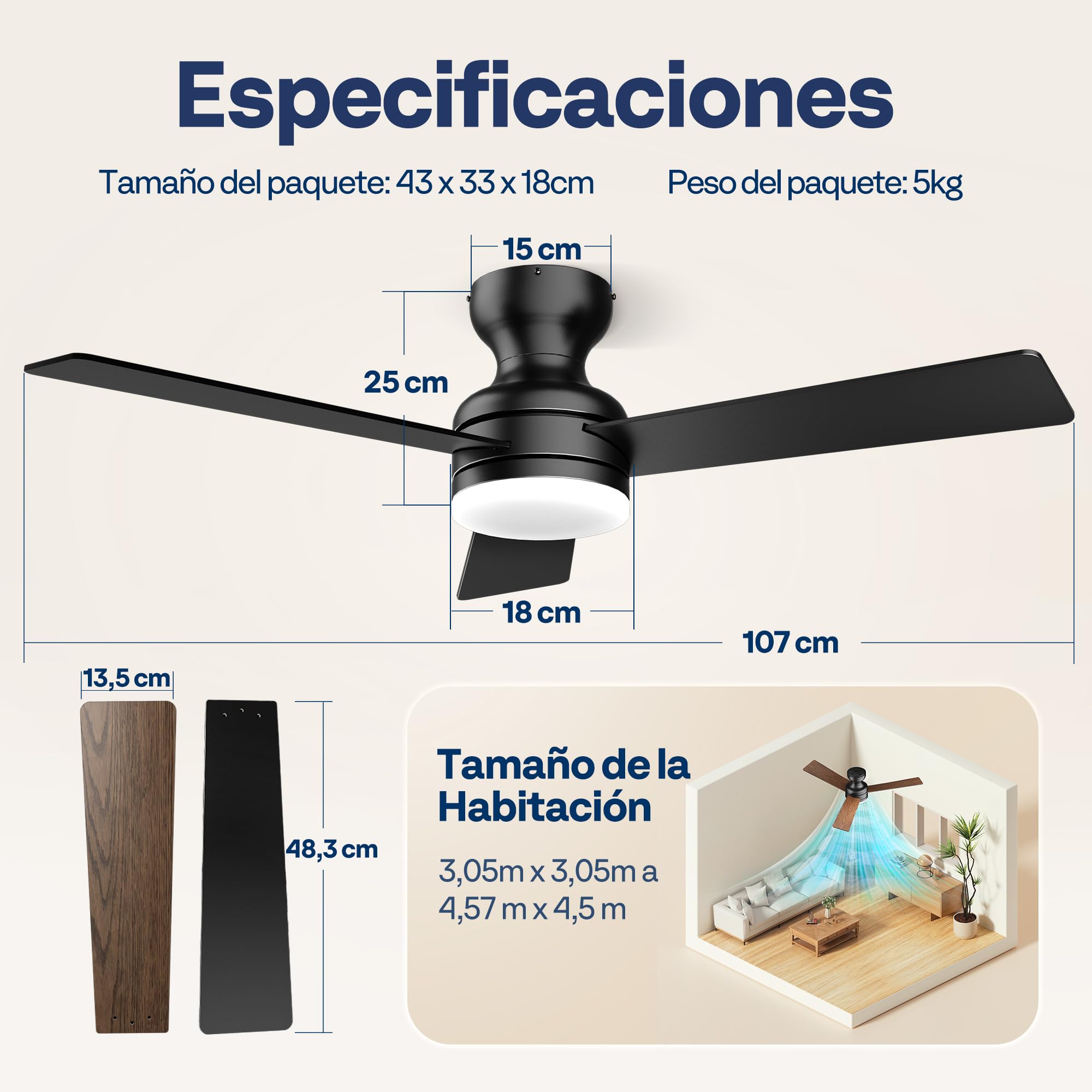 VIVOHOME Ventilador de Techo con Luz Regulable LED Silencioso 107cm 3 Aspas | Mando a Distancia 7 Velocidades Función Verano-Invierno con Temporizador Negro Blanco